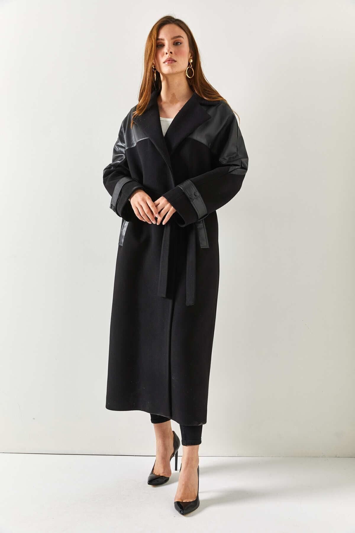 DOGGİ  Bayan Kışlık Kaşmir Palto, Uzun Siyah Yün Kaban, Bayan Kışlık Deri Palto, Kadın Kışlık Kaşmir Mont - Görsel 4