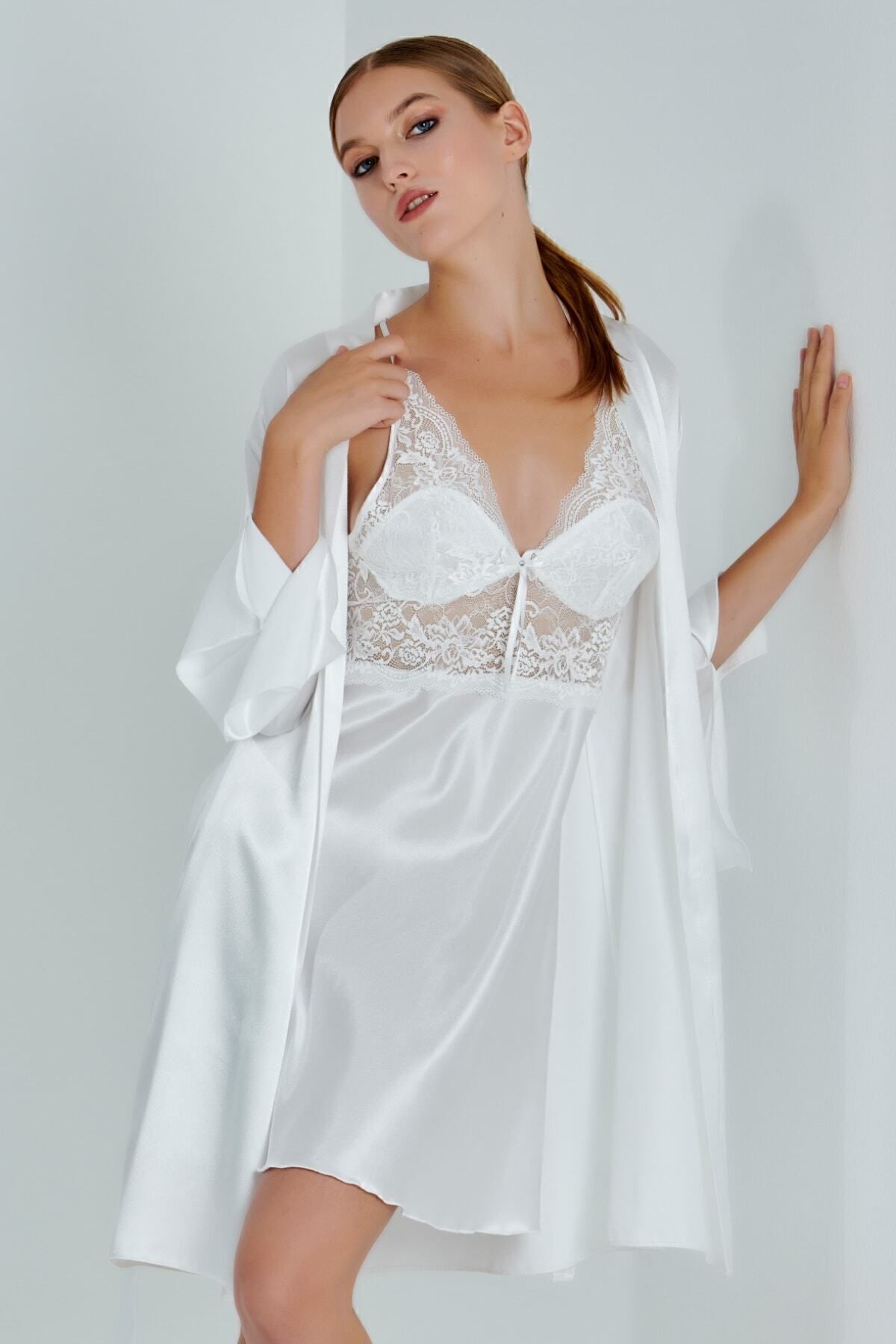 ROZELT Kadın 6 Parça Saten Ekru Gecelik Gelin Çeyiz Seti, Gecelik Sabahlık Pijama Takım Short Takım