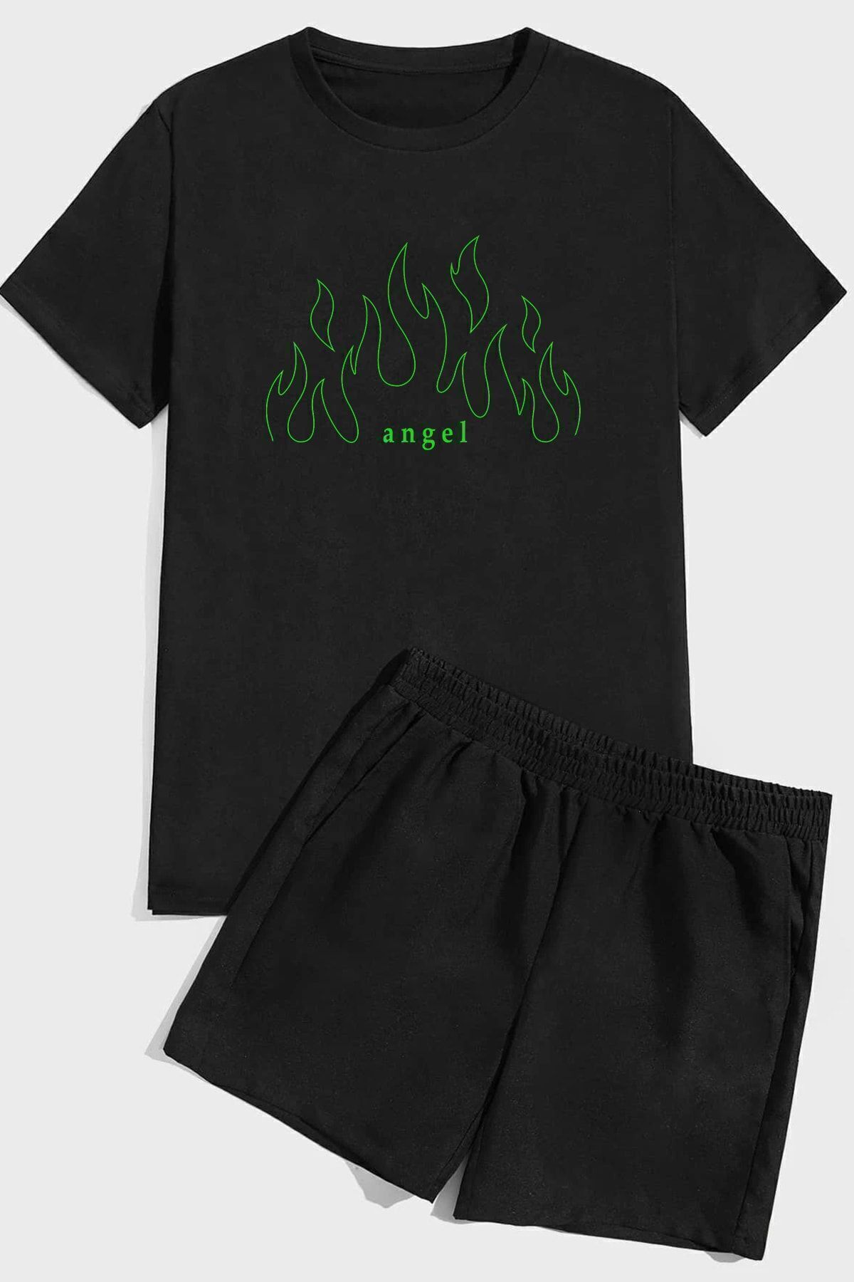 uyguntarz Shorts-set Mit Grünem Engel-print für Jugend Unisex - S/M