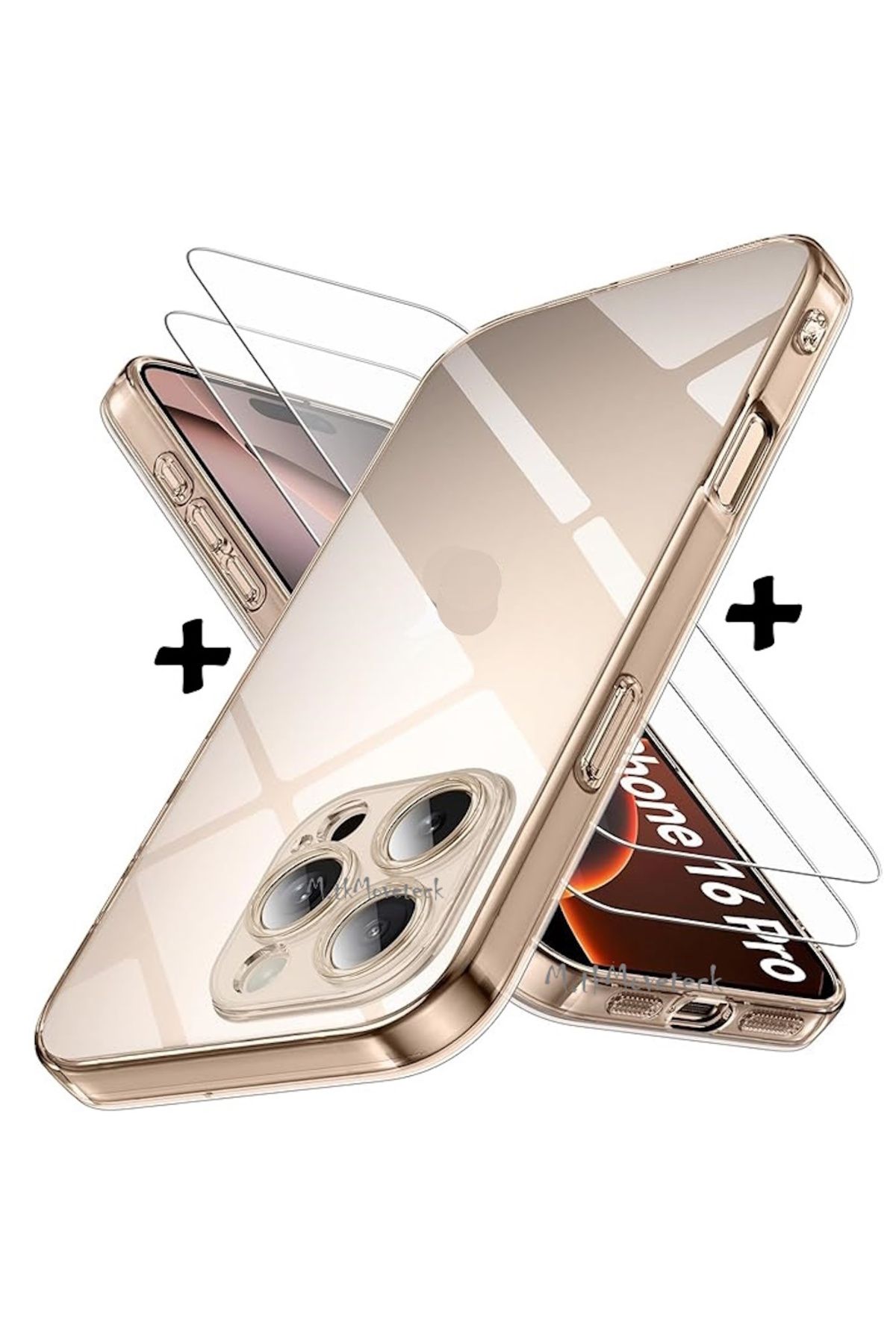 Iphone 16 Pro Case Camera Shielded Soft Transparent Silicone + 9H Tempered Screen Protector Glass Set