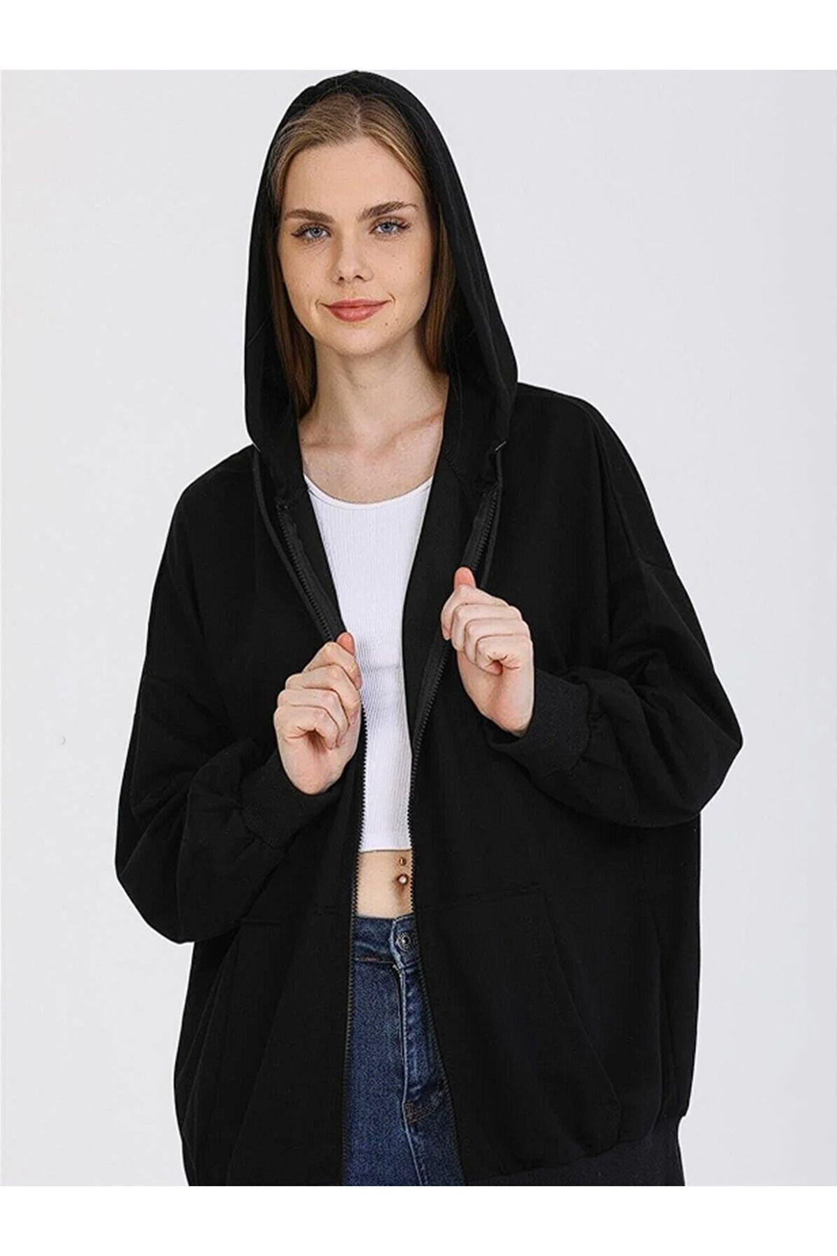 Kapüşonlu Çeket Hırka Unisex Oversize Basic 3 Iplik Şardonlu — مشکی scCAgrikpsnlu02 — تصویر 1 از 2
