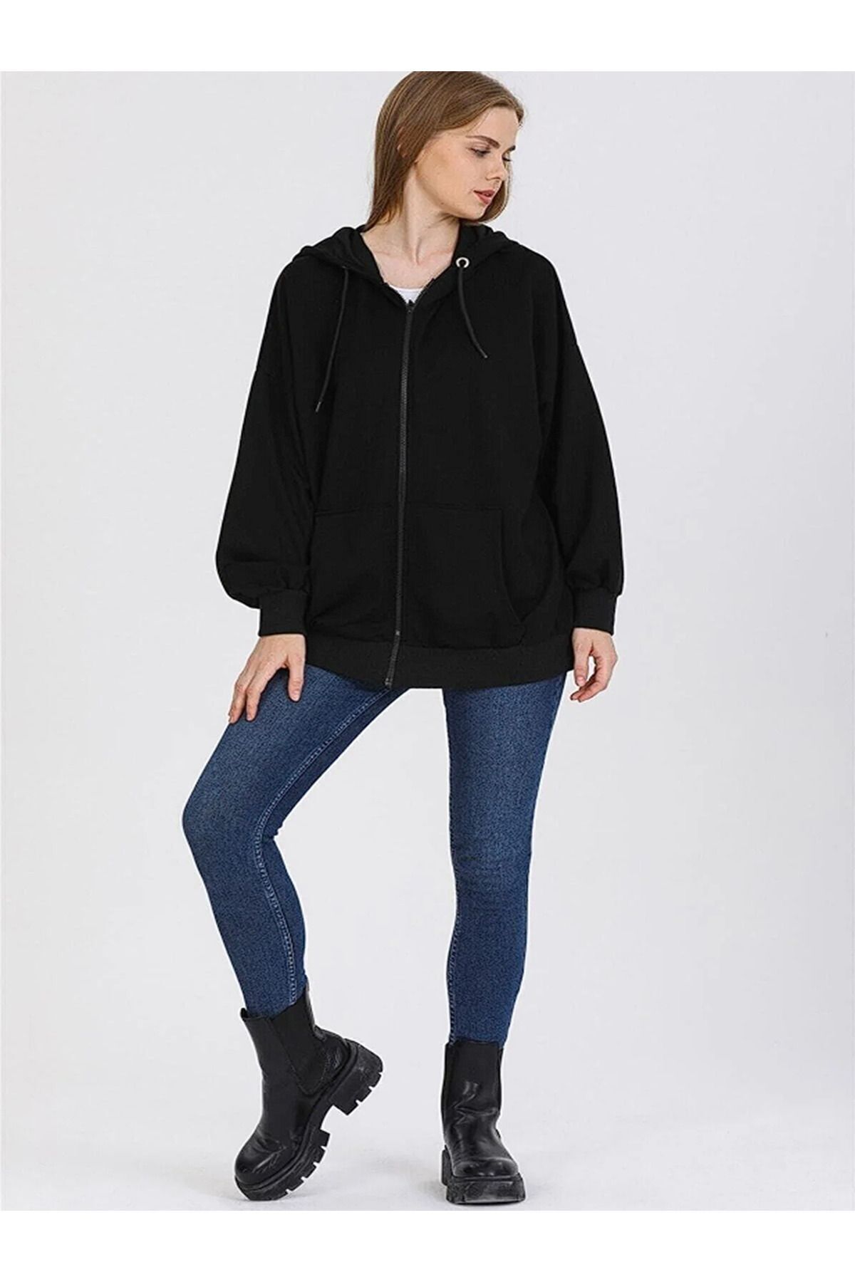 Kapüşonlu Çeket Hırka Unisex Oversize Basic 3 Iplik Şardonlu — مشکی scCAgrikpsnlu02 — تصویر 2 از 2
