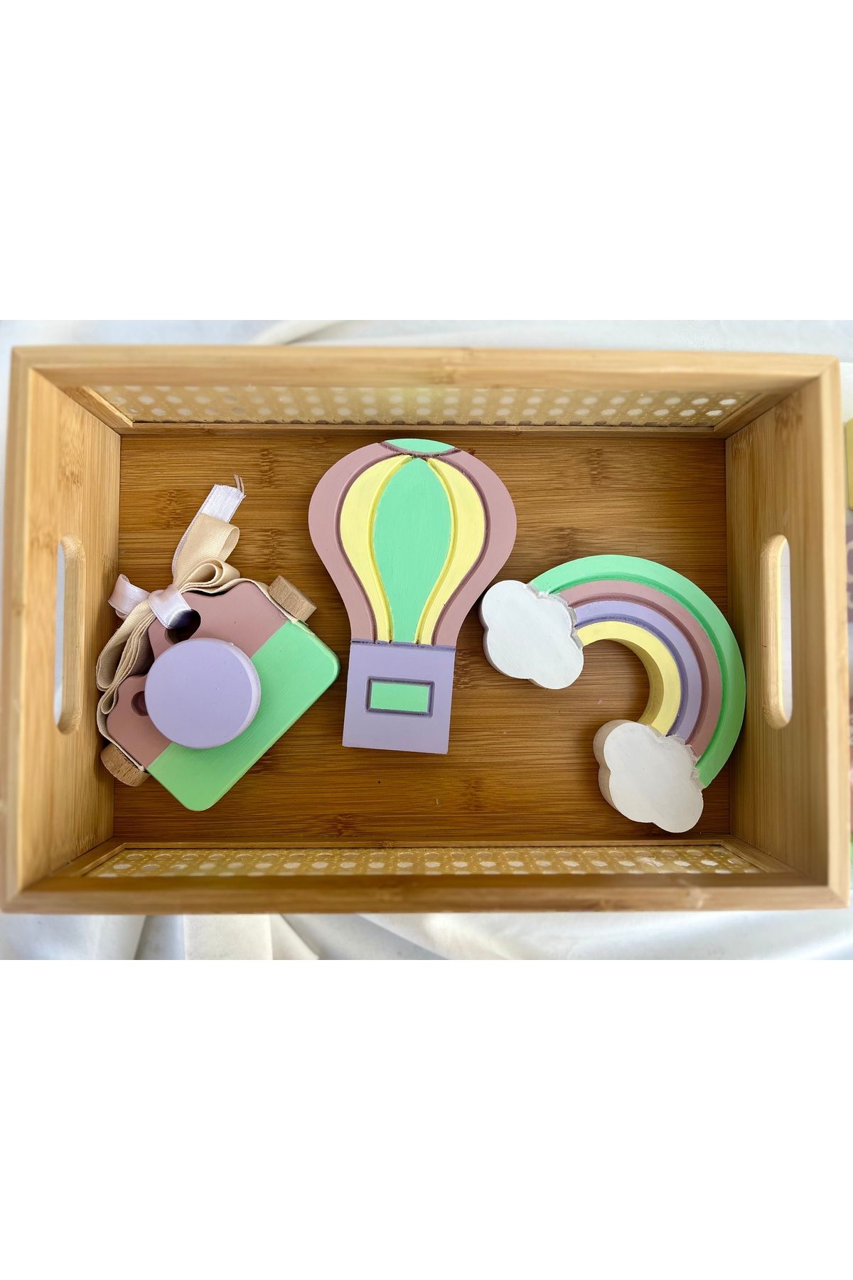 Soft pembe su yeşili  objeli set anı küpü ve bebek saç fırçası seti