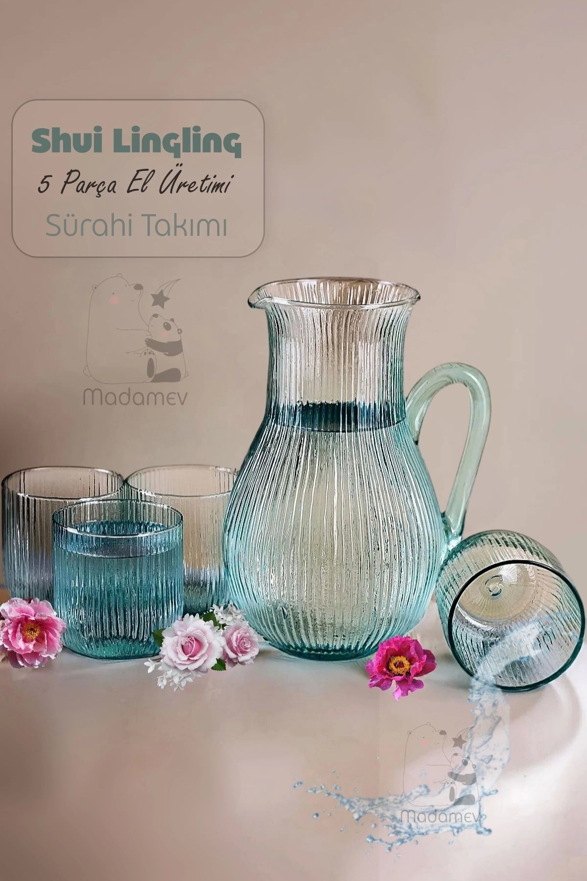 Madamev Shui Ling 5 Parça El Üretimi Sürahi Takımı Su Yeşili Cam Sürahi ...