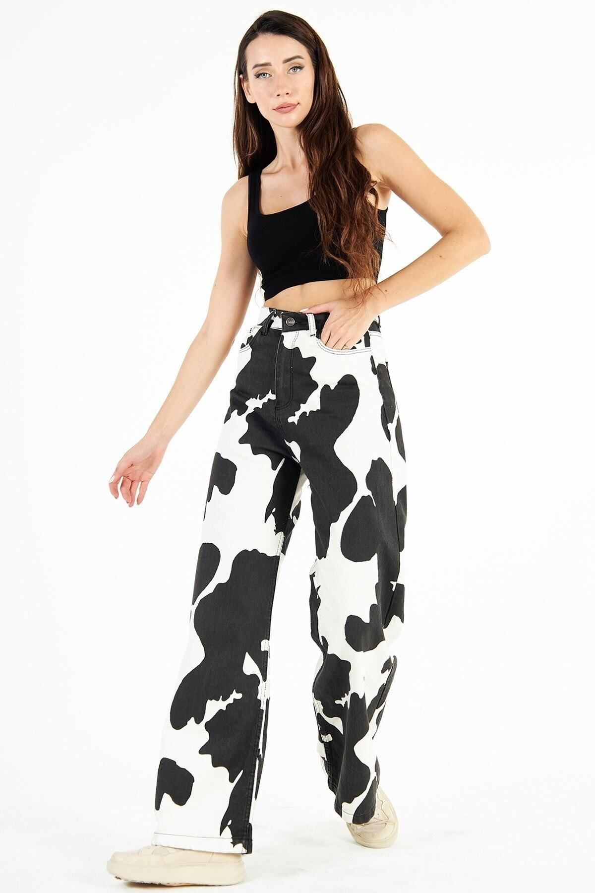 PodiumStar  Kadın Yüksek Bel Milka Inek Desenli Bol Kesim Bol Paça Palazzo Wide Leg Kot Pantolon - Görsel 4