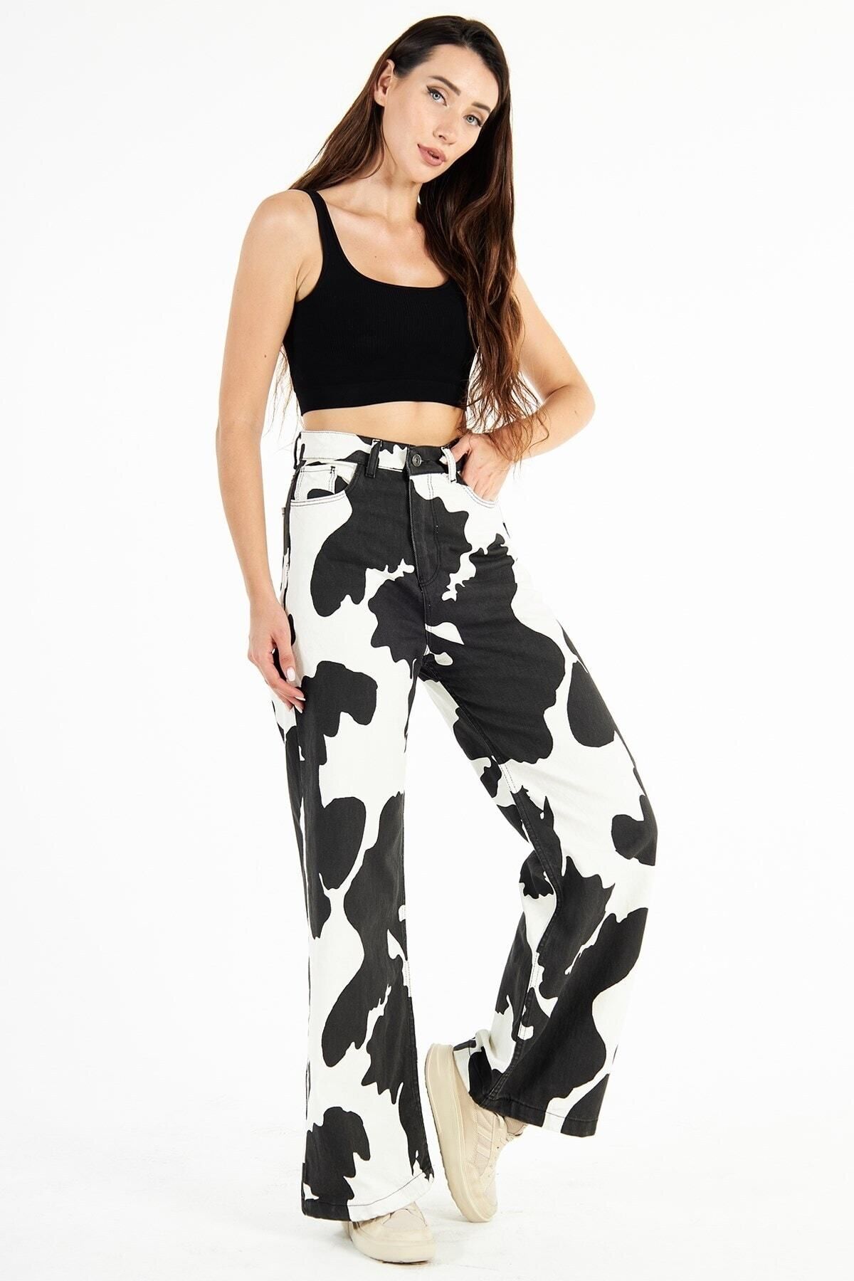 PodiumStar  Kadın Yüksek Bel Milka Inek Desenli Bol Kesim Bol Paça Palazzo Wide Leg Kot Pantolon - Görsel 5