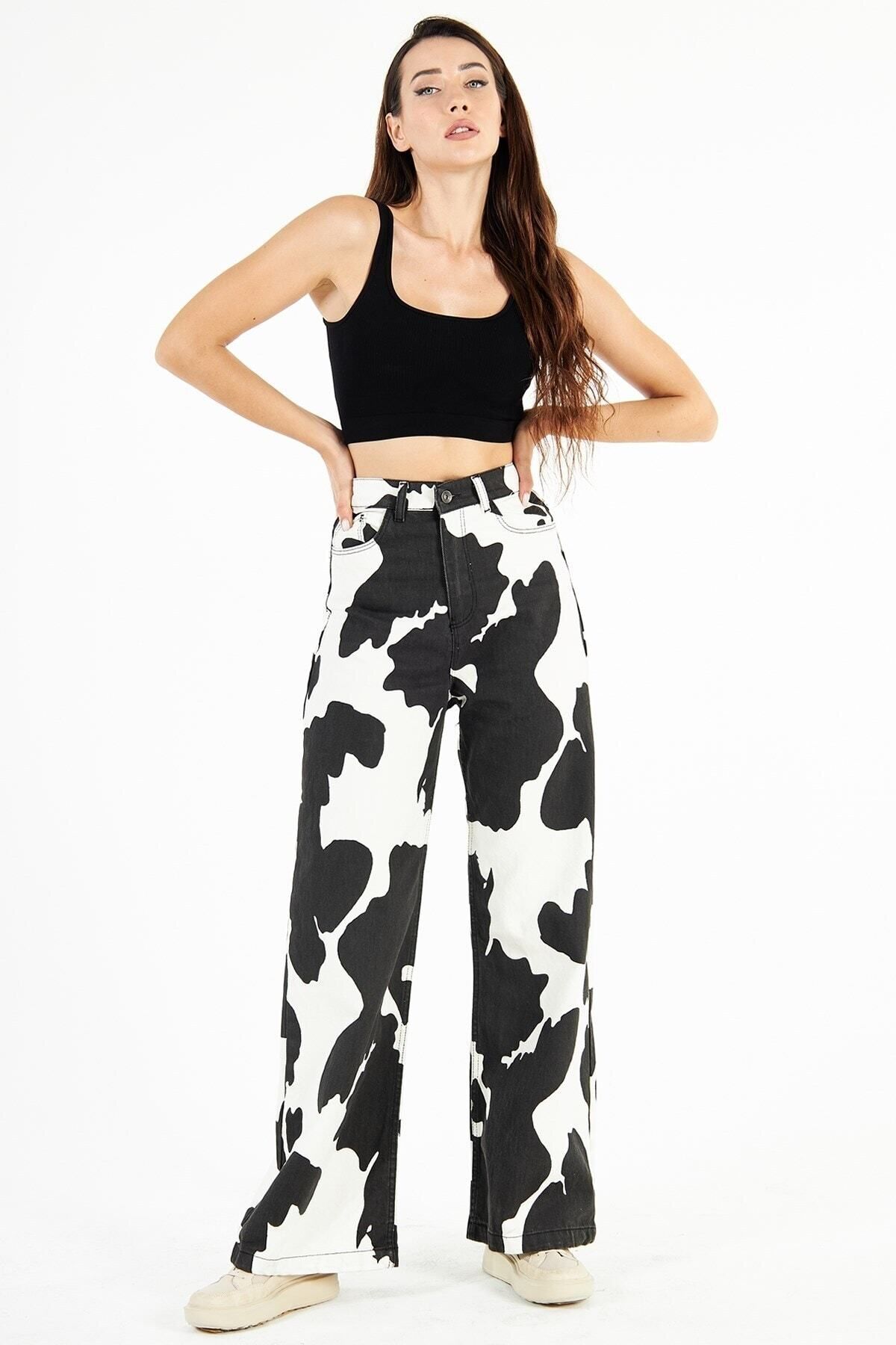 PodiumStar  Kadın Yüksek Bel Milka Inek Desenli Bol Kesim Bol Paça Palazzo Wide Leg Kot Pantolon - Görsel 8
