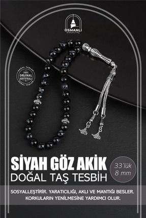 OSMANLI DOĞAL TAŞ Siyah Göz Akik Doğal Taş Tesbih 33lük - 8mm