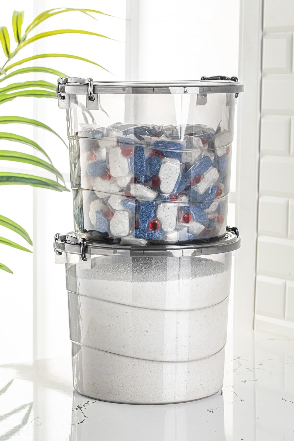 Vienev-Mega Size 2 Piece Round Flour and Legumes Container 7 Liters - Detergent Storage Box Container with Handle Anthracite 3