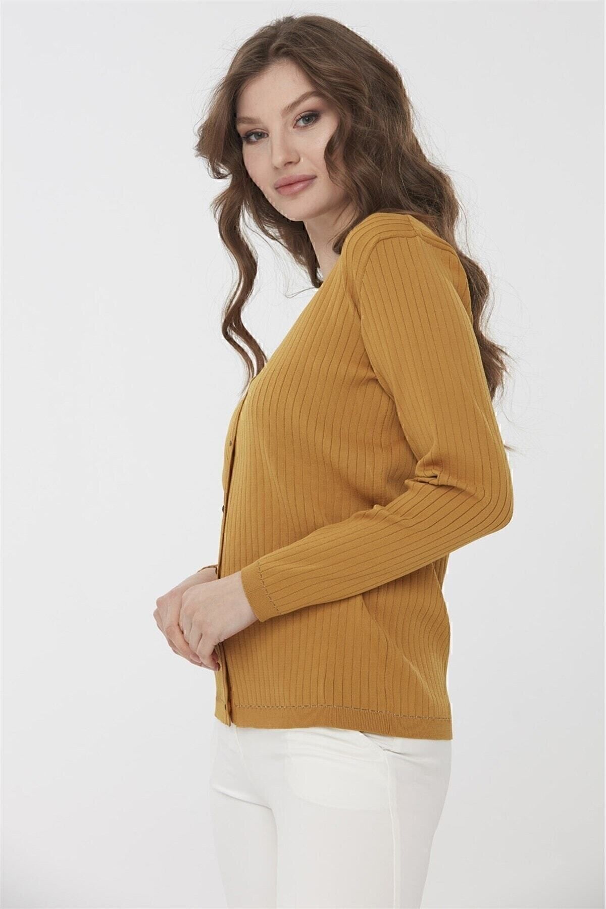 Desen Triko-Women's Lurex Knitwear Summer Cardigan Mustard 4