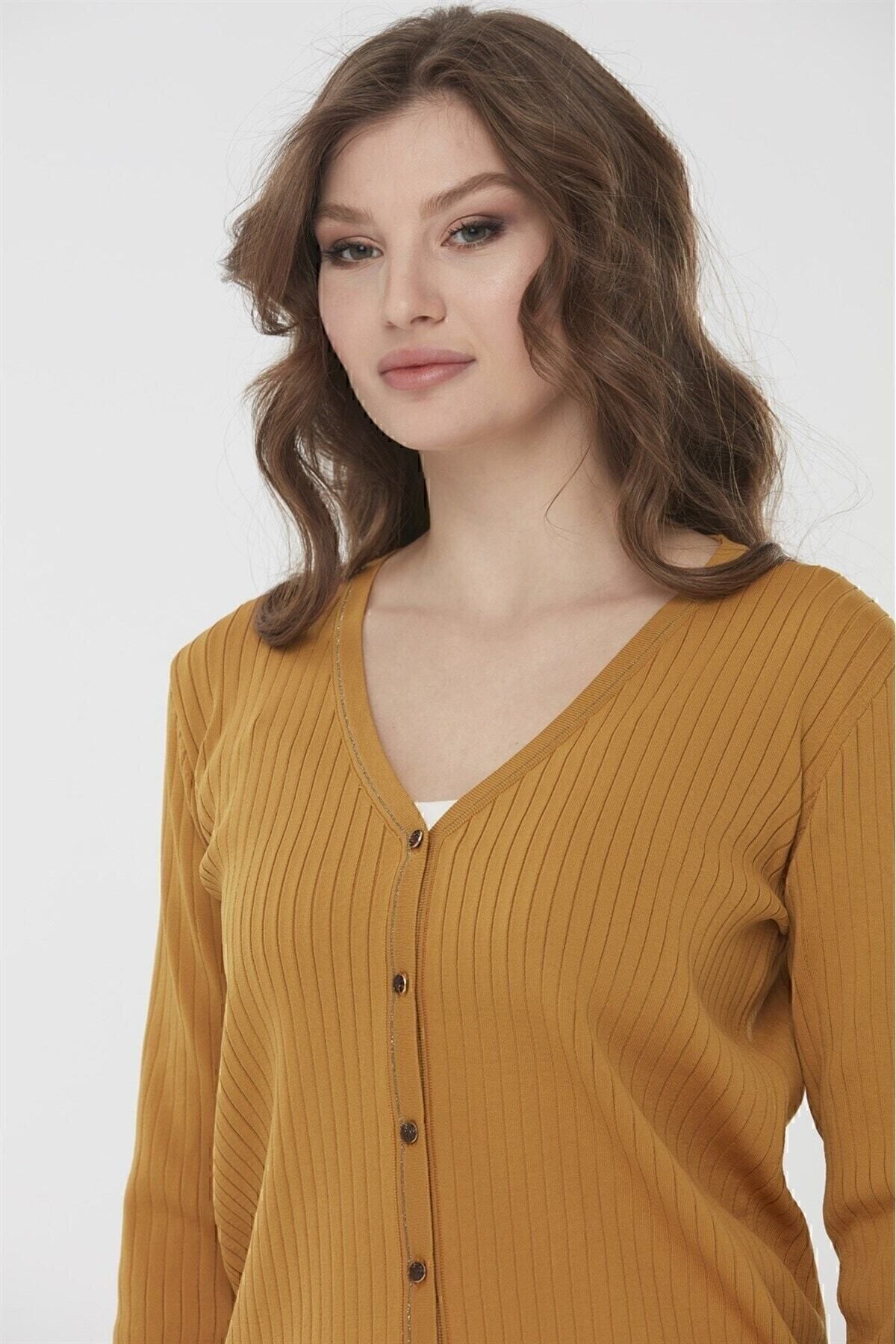 Desen Triko-Women's Lurex Knitwear Summer Cardigan Mustard 7