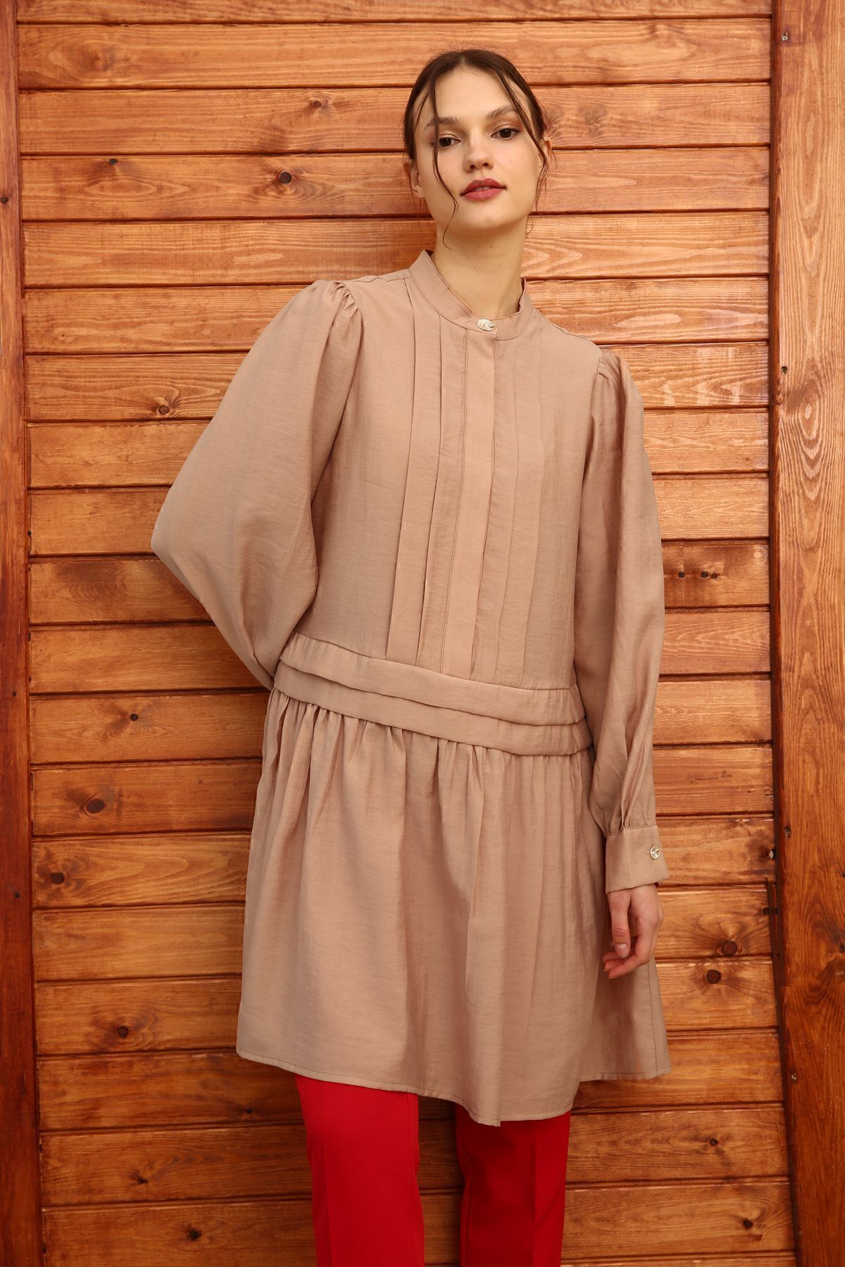 ALLDAY-Dark Beige Pleat Detailed Shirt Tunic 1