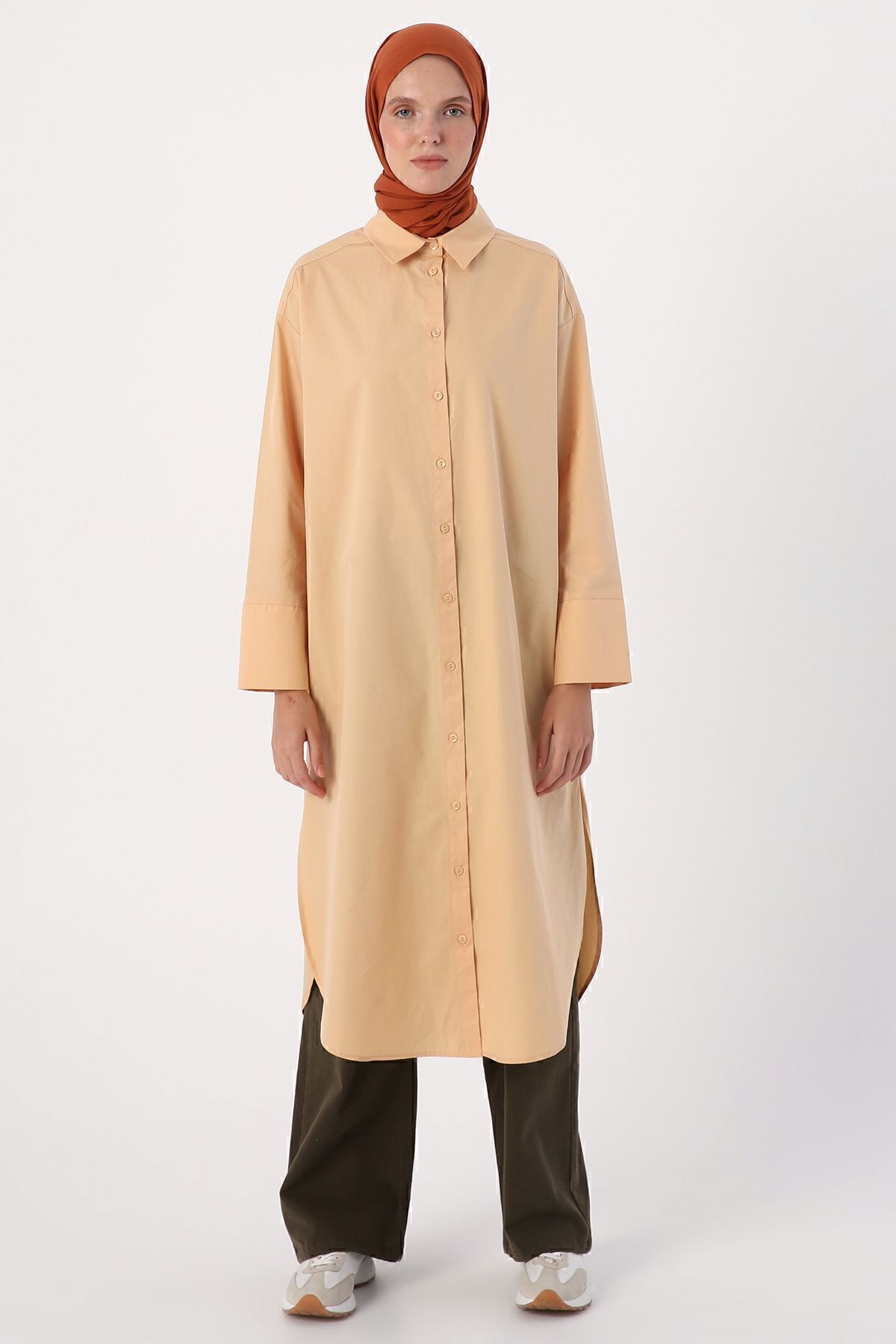 ALLDAY-Beige 100% Cotton Slit Long Shirt Tunic 2