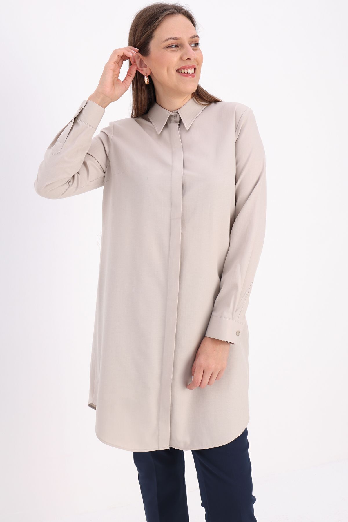 ALLDAY-Μπεζ Basic Hidden Placket πουκάμισο Tunic 1