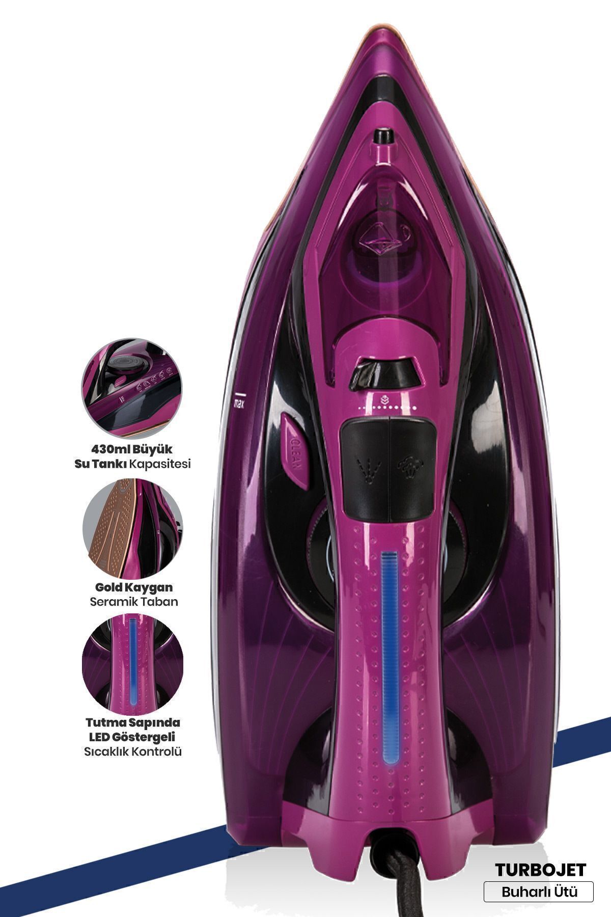 Turbojet Mor 2400 Watt Led Göstergeli Seramik Tabanlı 170 Gr Şok Buharlı Ütü