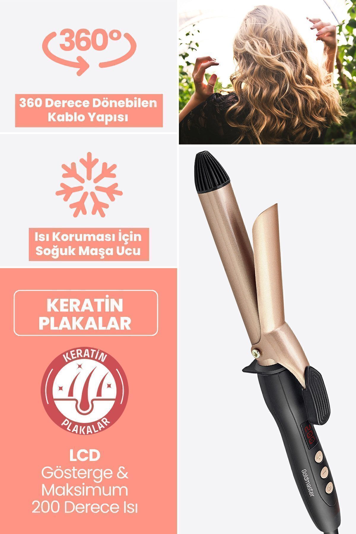 GOLDMASTER-25 Mm Hair Styling Tongs with Shine Digital Display Keratin Ceramic Plate Gold 4