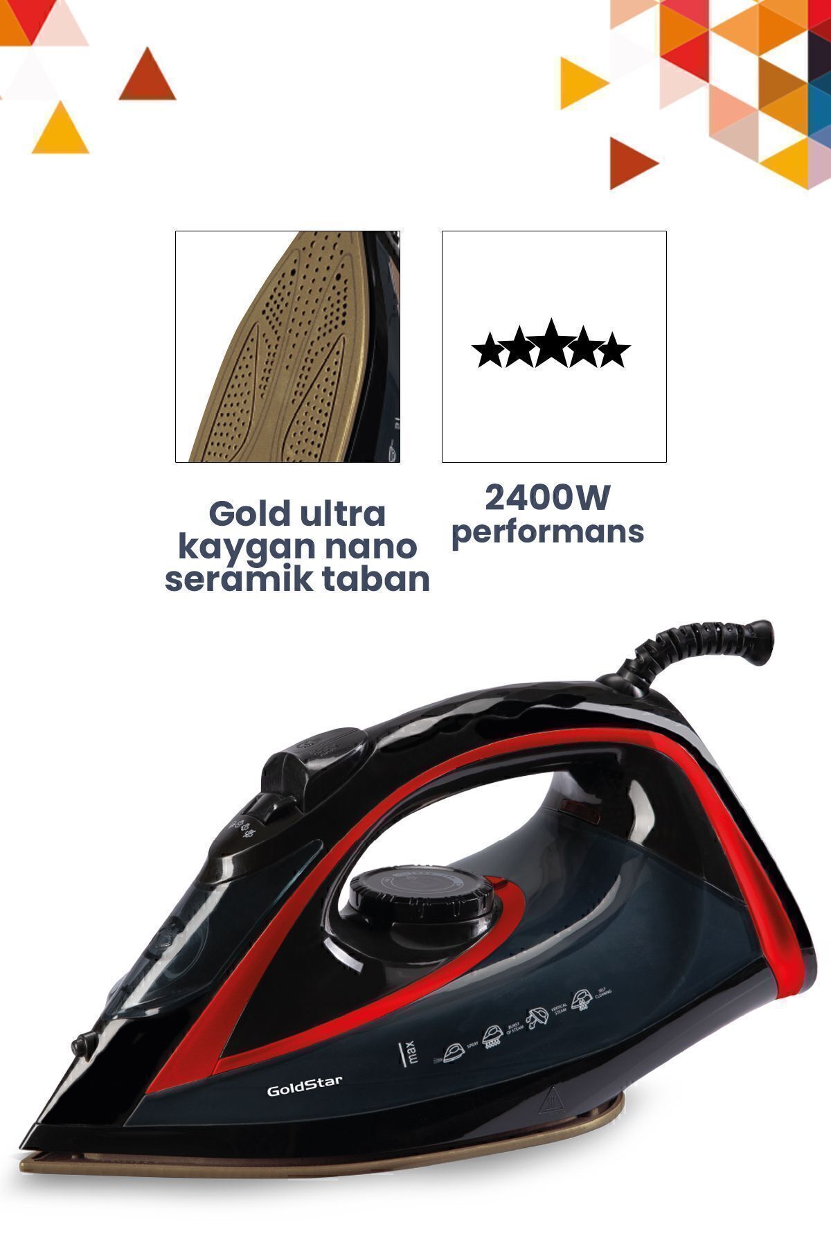 ST7601K 2400 Watt Seramik Tabanlı 170 gr Etkili Şok Buharlı Ütü Kırmızı 5