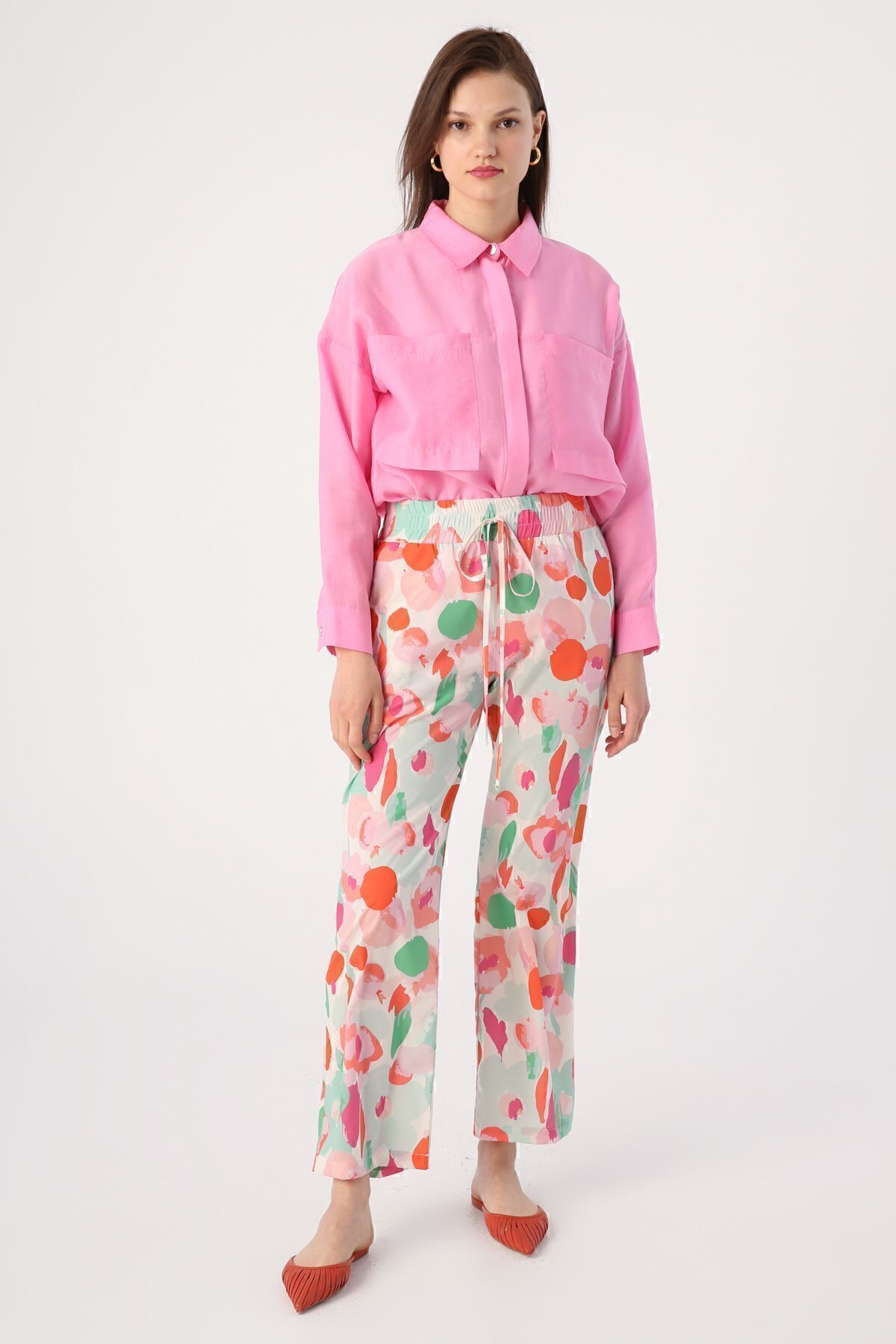 ALLDAY-White-Pink Patterned Comfortable Fit Trousers with Elastic Waist 4
