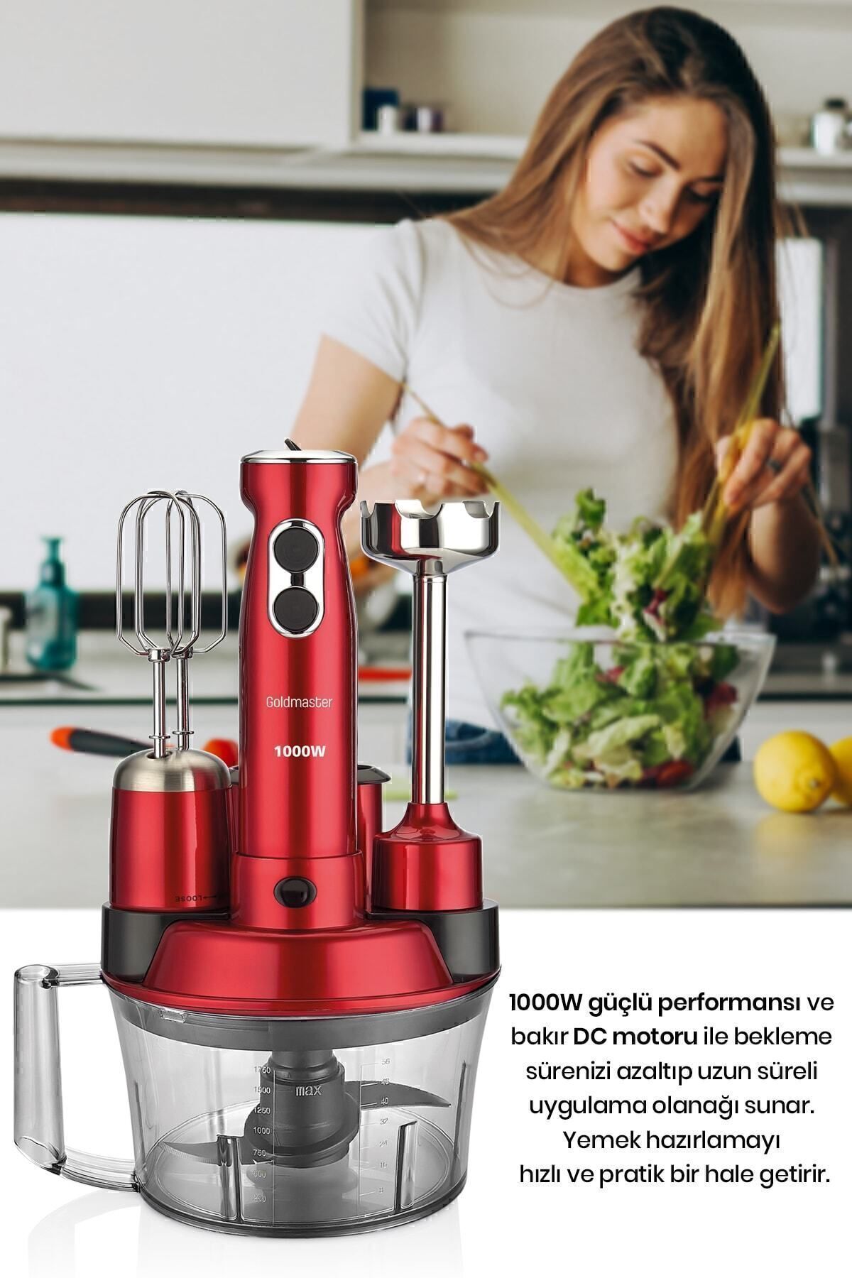 GOLDMASTER-Elenamax Red 1000 Watt Speed Adjustable 100% Copper Motor 5 In 1 Food Processor Multi Blender Set 6