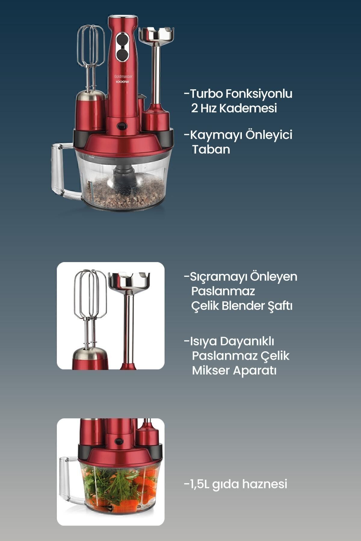 GOLDMASTER-Elenamax Cherry Red 1000 Watt Speed Adjustable 100% Copper Motor 5 In 1 Food Processor Multi Blender Set 8