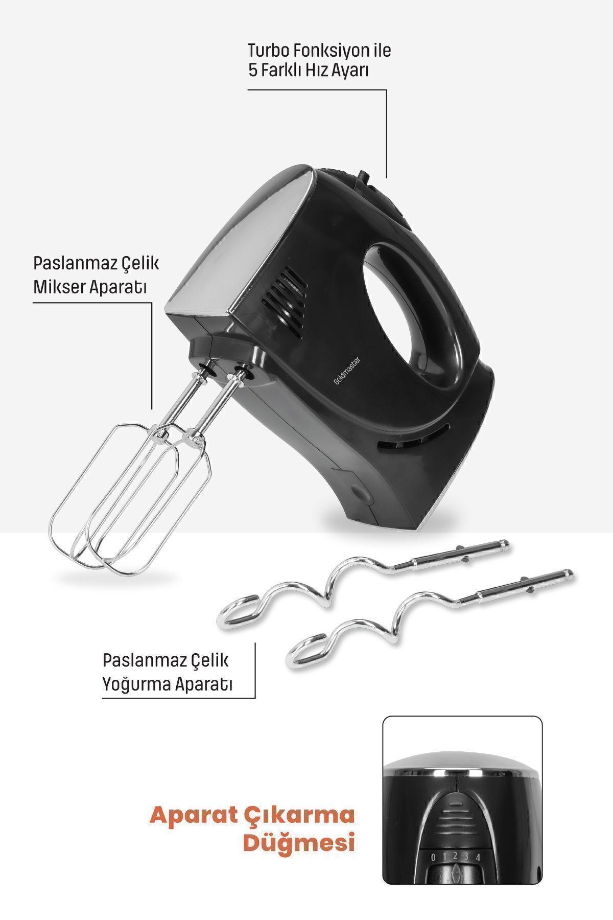 GOLDMASTER-Handmix Stainless Steel Turbo Function 5 Speed Adjustable Hand Mixer with Whisk and Kneading Attachment 4