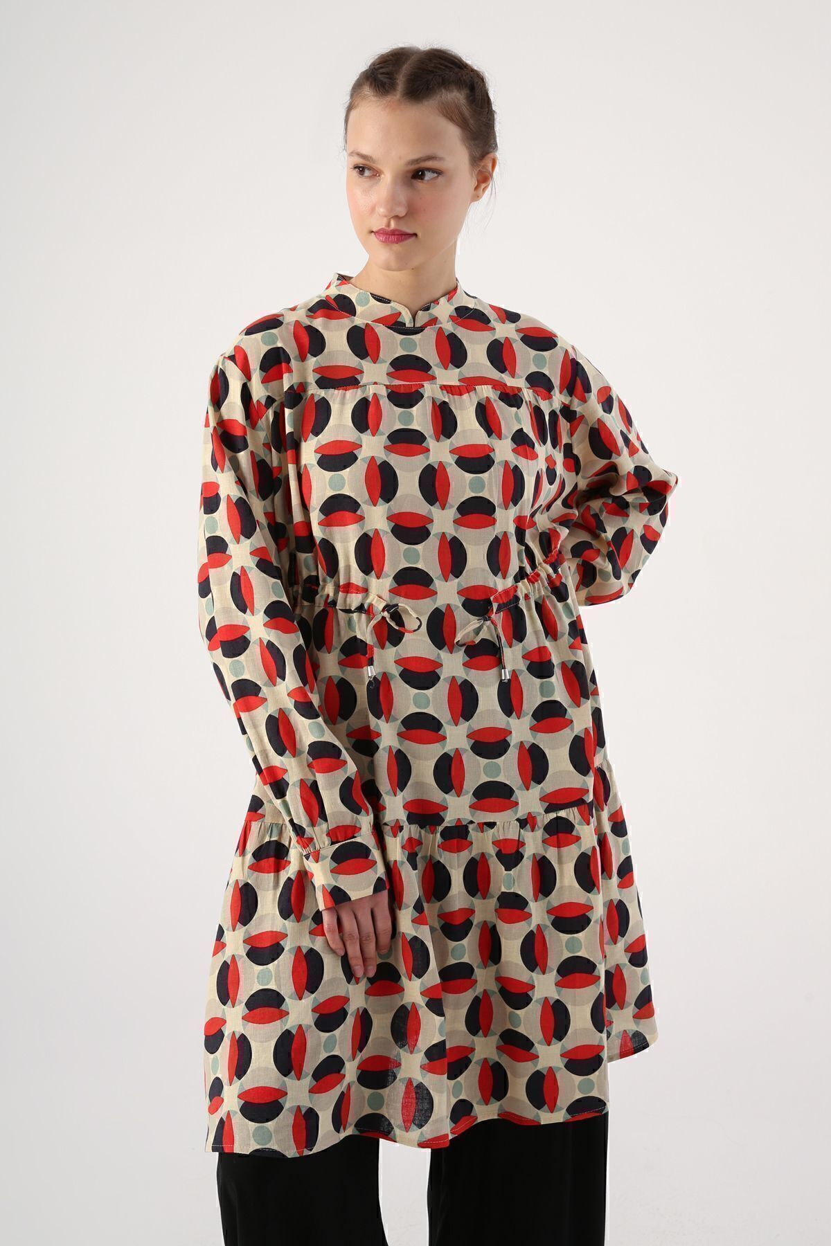 ALLDAY-Ecru-red High Collar Patterned Tunic with Gather Detail at Waist 5