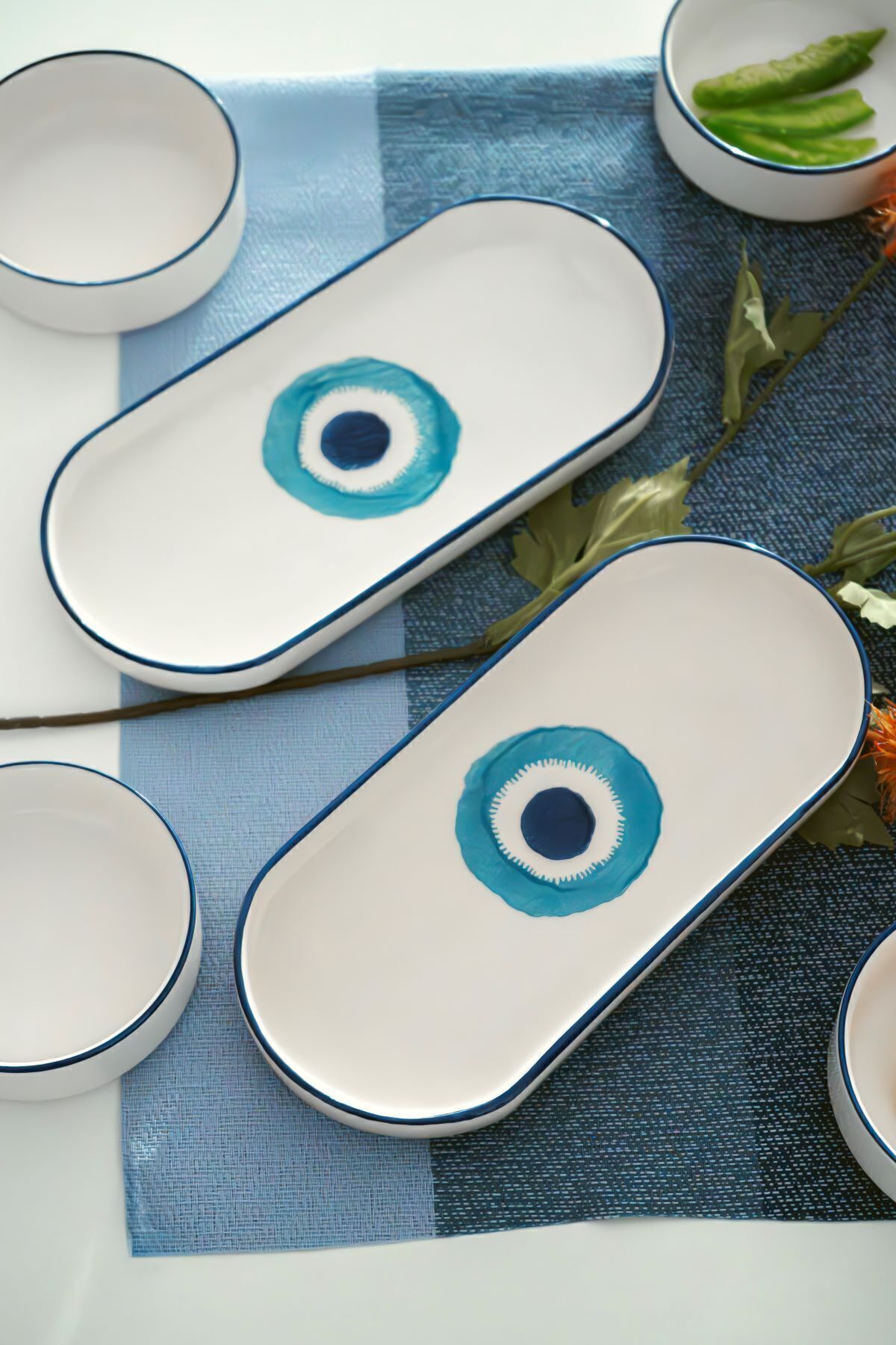 Kevin Seramik-Hand Made 14 Pieces Special Design Stackable Breakfast Set with Evil Eye Beads for 6 Persons, Tableware Set 3