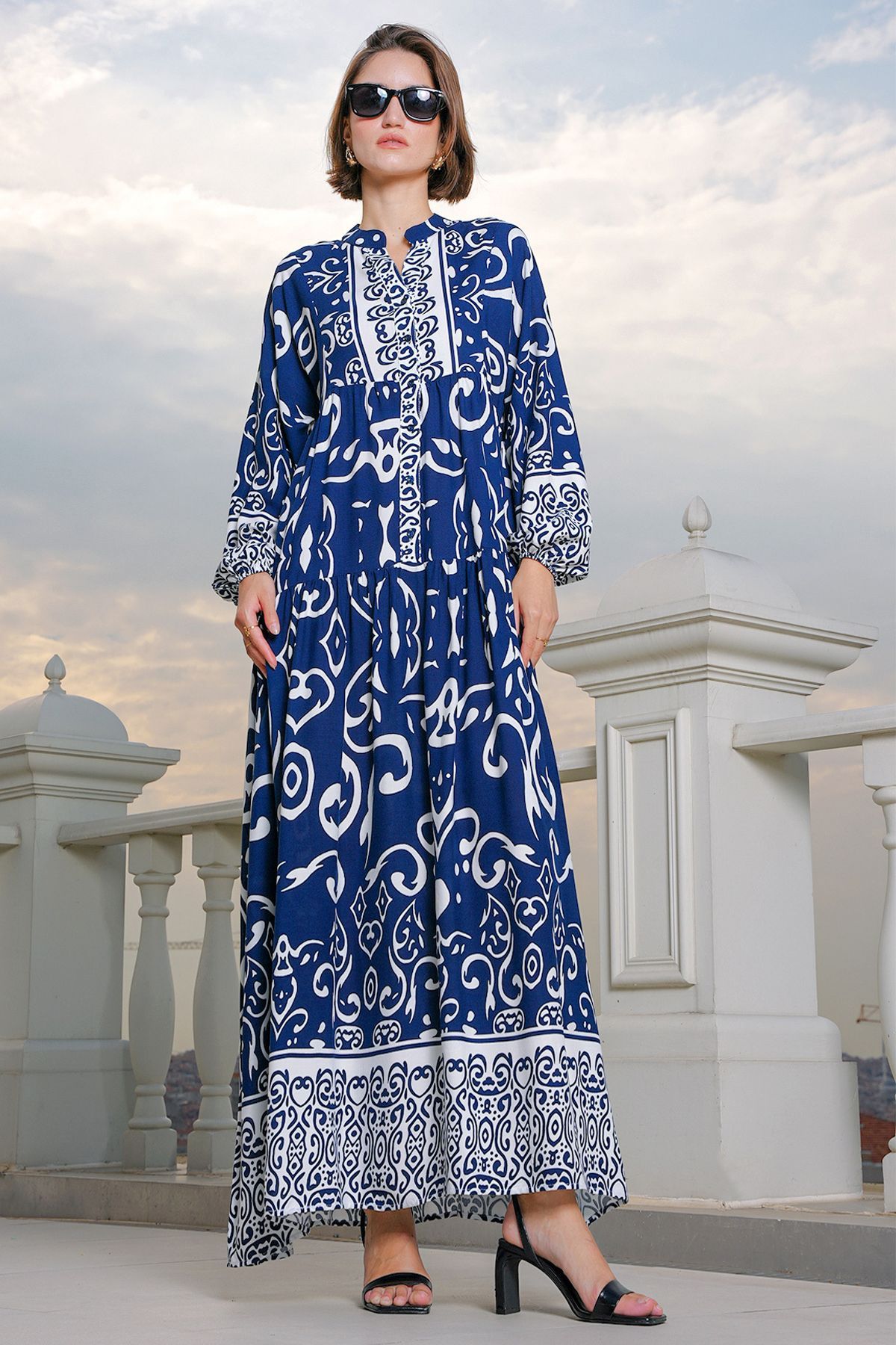 Bigdart-2423 Model Authentic Patterned Navy Blue Dress 3