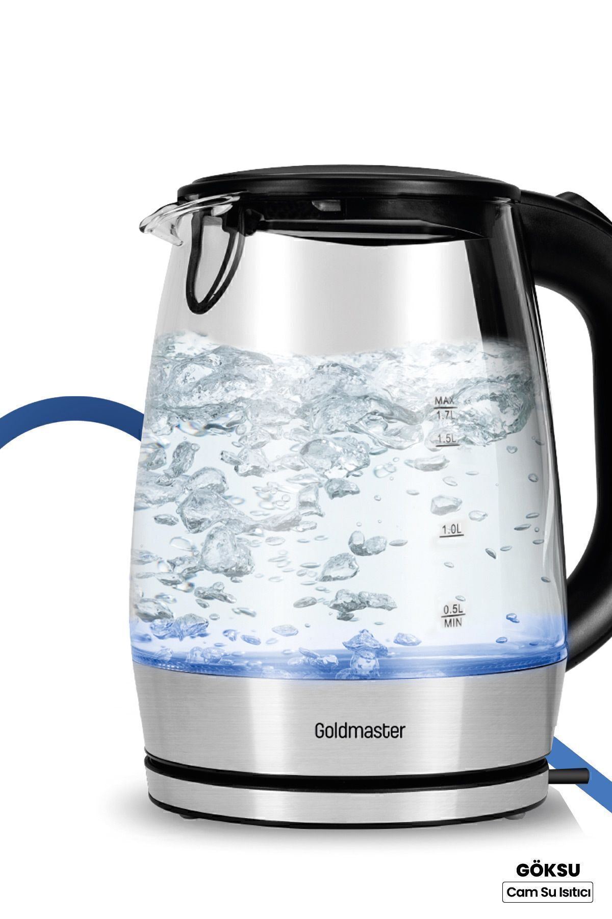 GOLDMASTER Göksu Paslanmaz Çelik 2200 Watt 1.7 Litre Işıklı Cam Kettle Su Isıtıcı