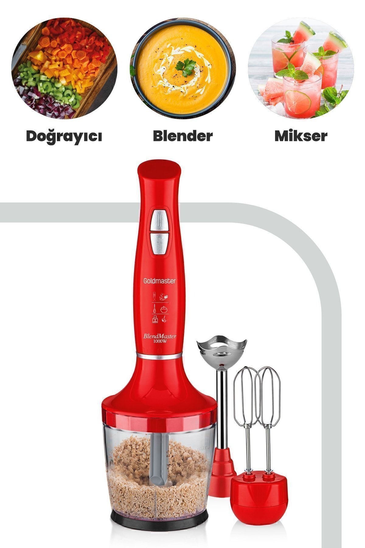 GOLDMASTER-Blendmaster Red 1000 Watt Silent Speed Adjustable 3 In 1 Chopper Mixing Blender Set 2