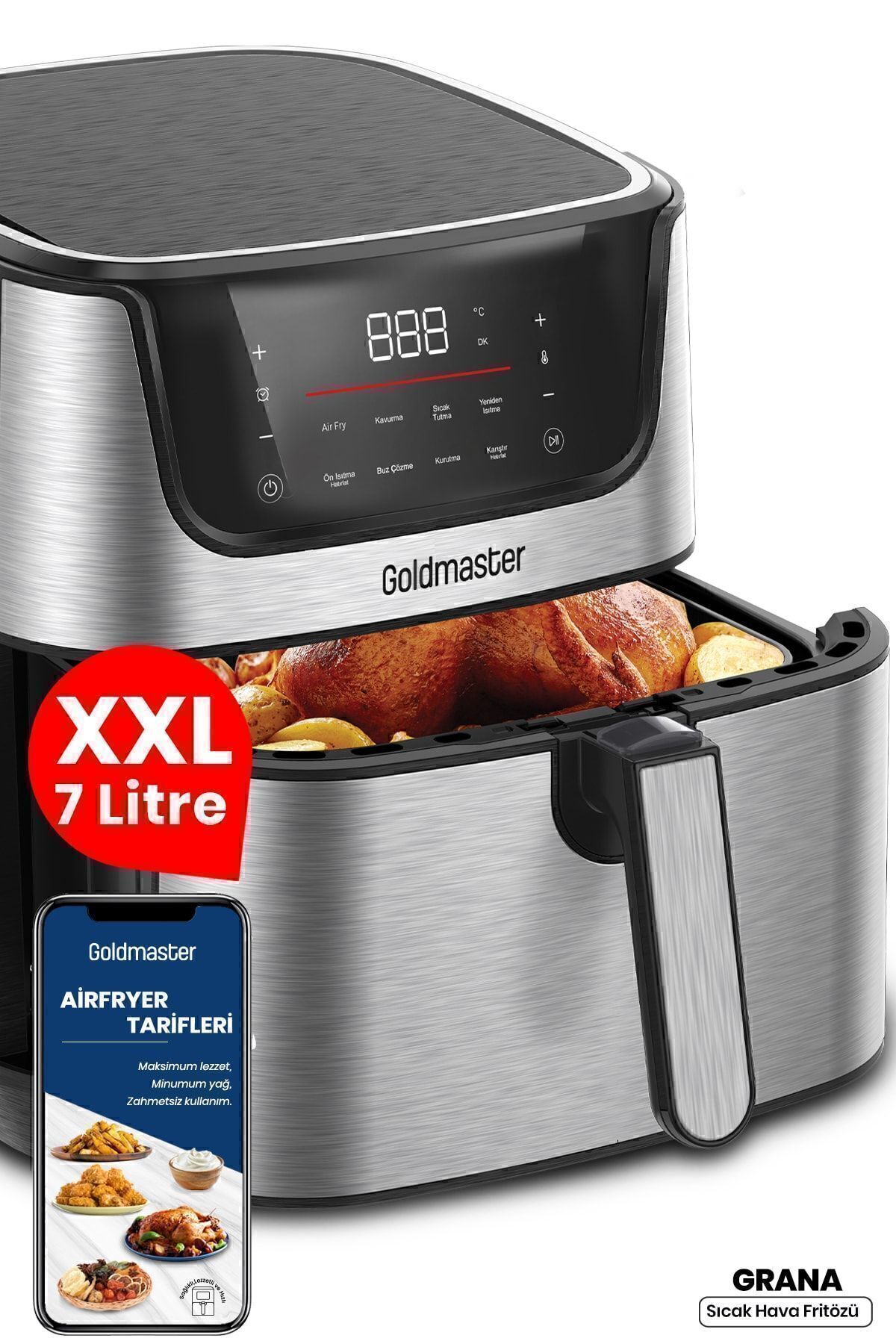 GoldMaster Grana Sıcak Tutma Buz Çözme Kurutma Özellikli 7 Litre XXL Dokunmatik Airfryer Sıcak Hava Fritözü