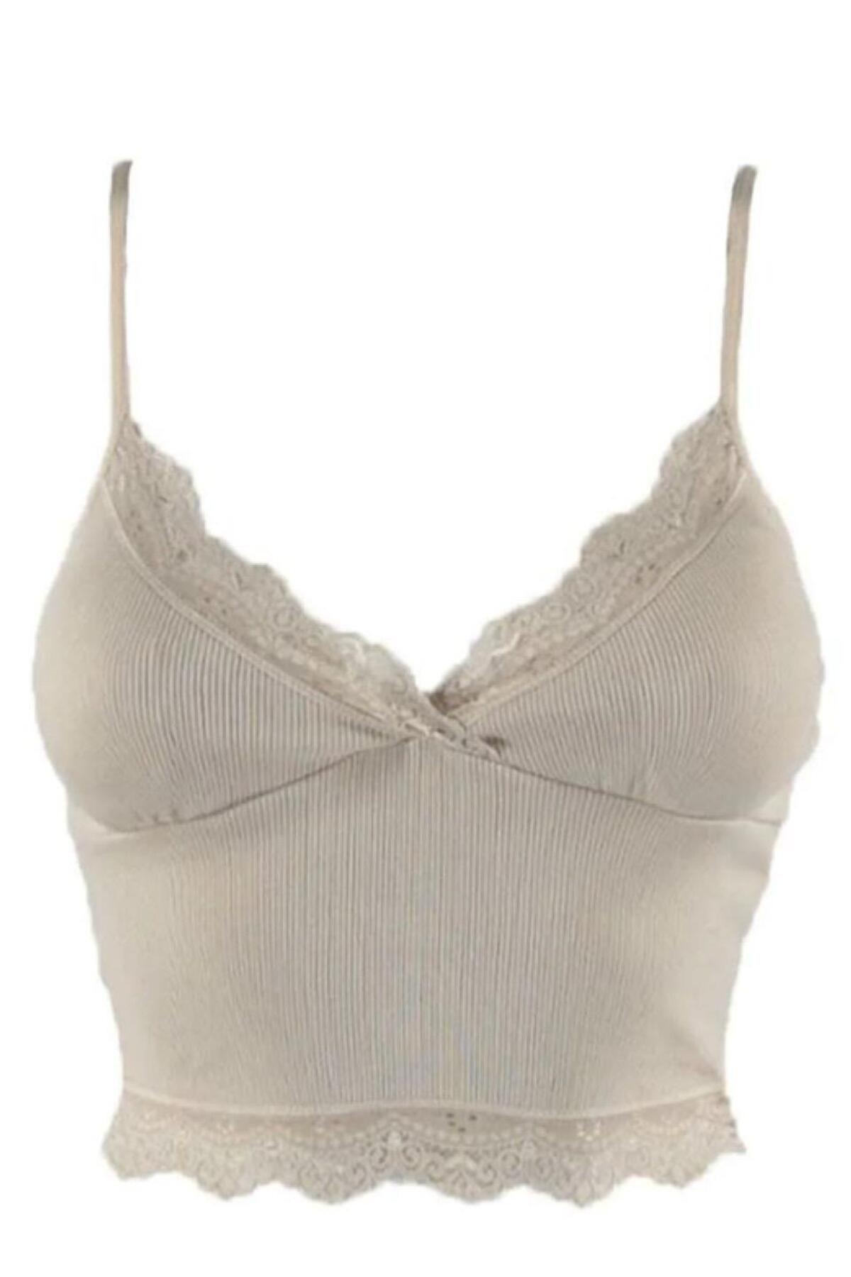 3lü Crop Takım Askılı Dantelli Pedli Büstiyer Bluz