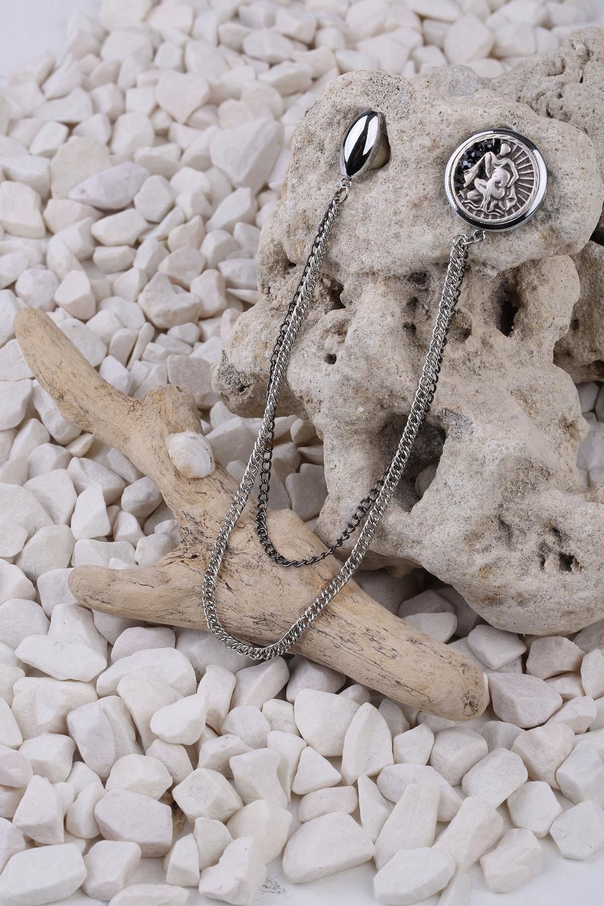  سنجاق سینه زنجیری نقره‌ای طرح برج دلو مدل سنگ YI294