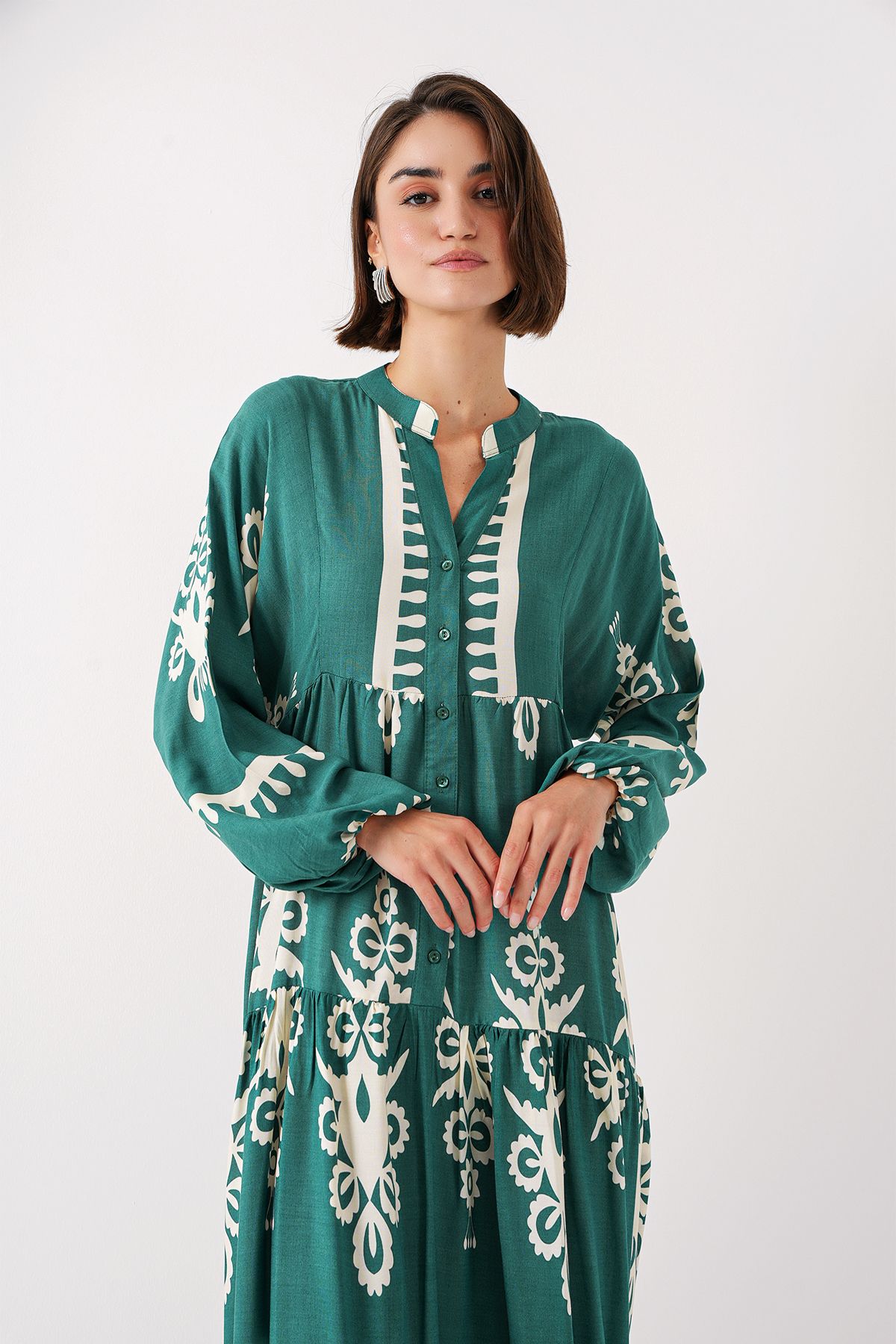 Bigdart-2423 Model Authentic Patterned Emerald Green Dress 4