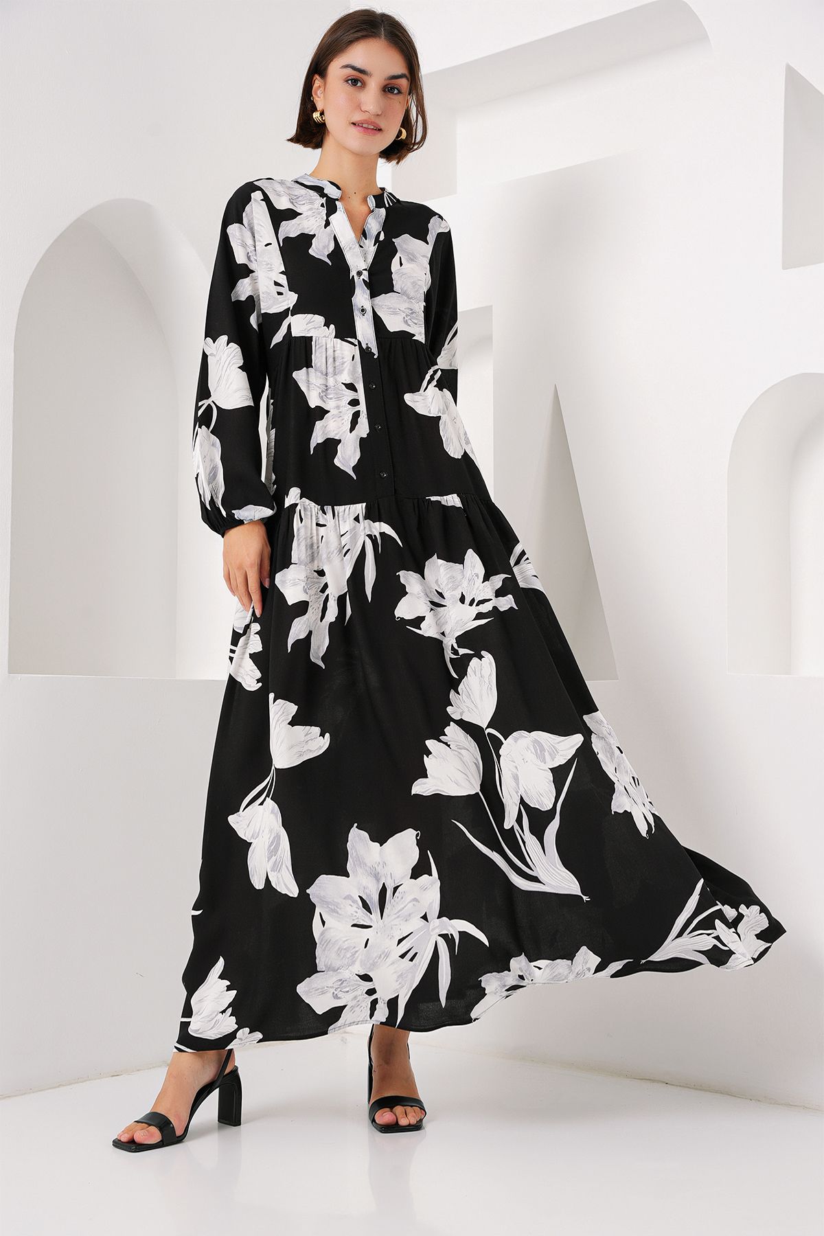 Bigdart-2423 Model Authentic Patterned Black Dress 3