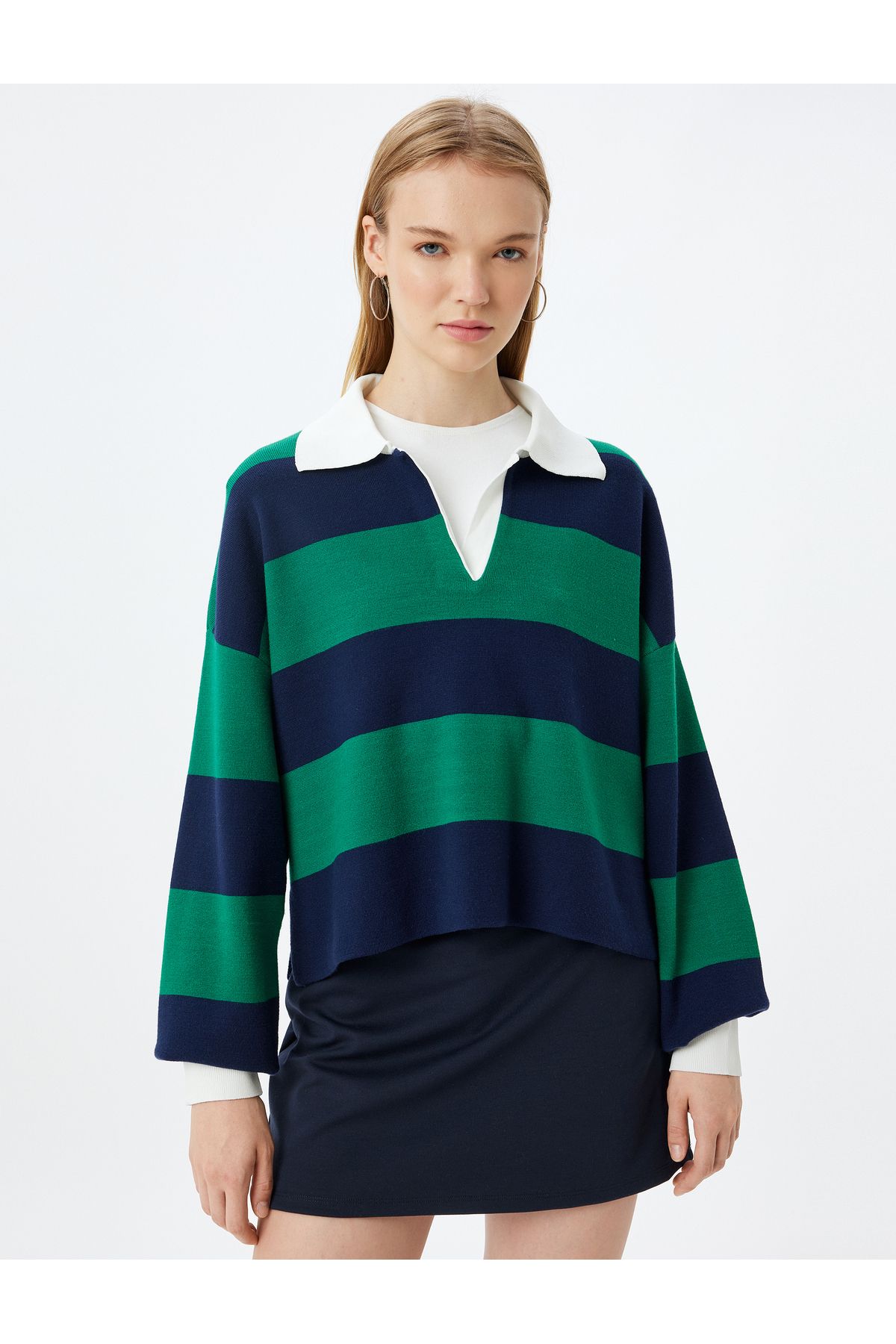 Koton-Color Blocked Polo Collar Long Sleeve Sweater 3