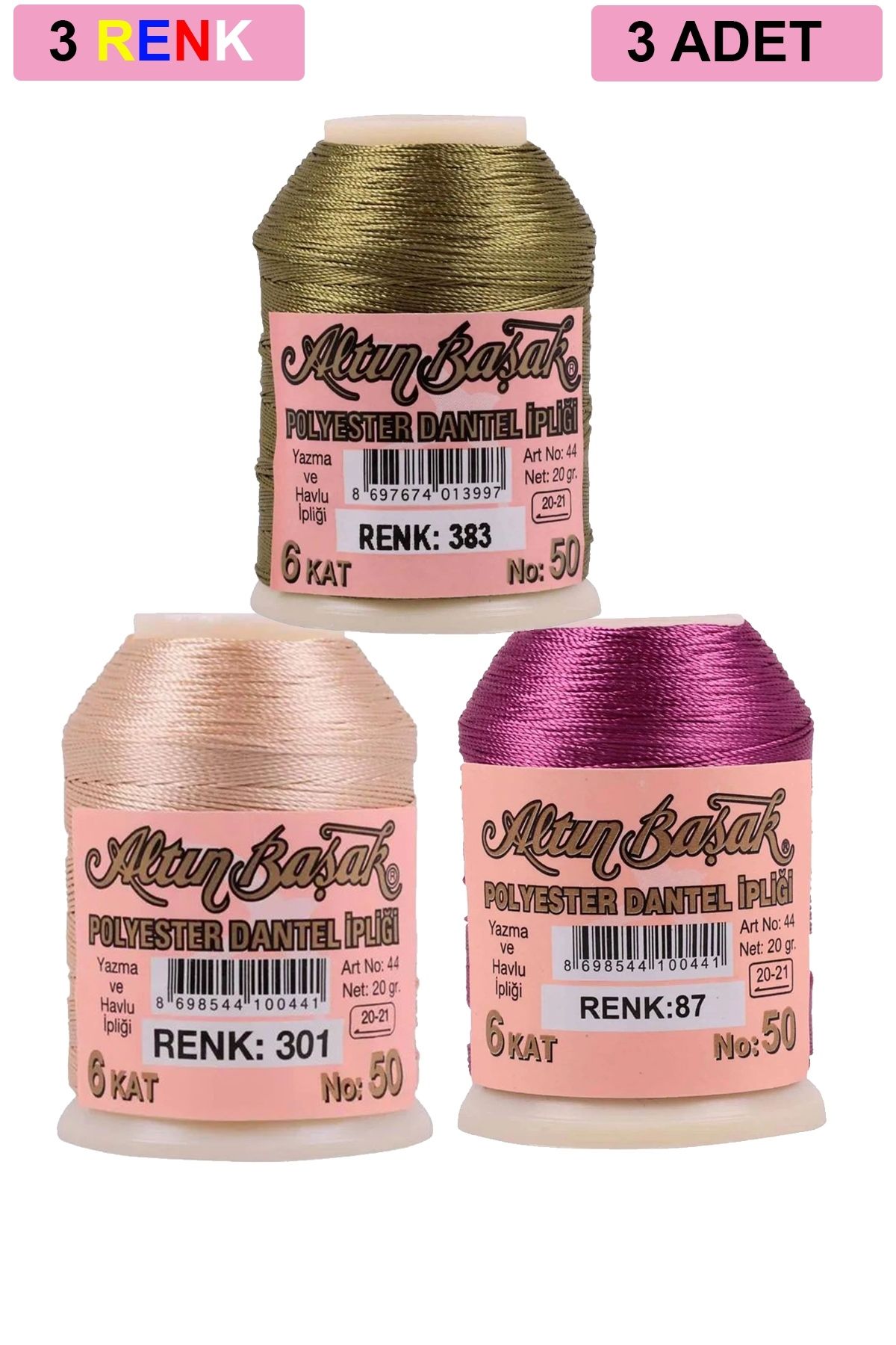 Angoravi 3 Adet Altınbaşak Oya ve Dantel İpi 20 gr - Royaleks - No: 301 - 087 - 383