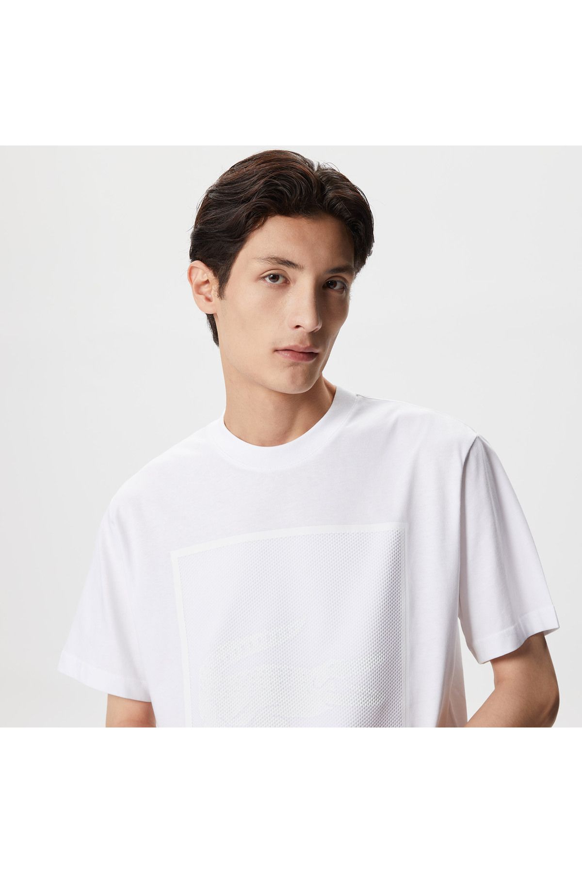 تی شرت سفید مردانه یقه دوچرخه تناسب طرح دار Lacoste