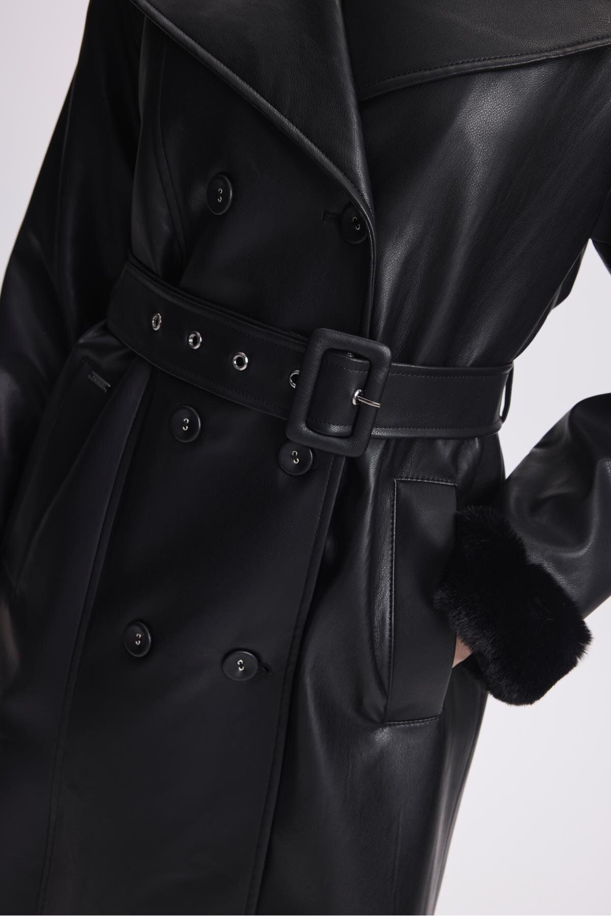 Zühre-Black Fur Detailed Trench Coat - Sleeve and Shoulder 13521 6