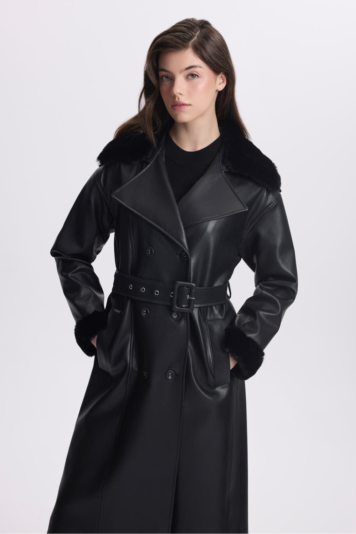 Zühre-Black Fur Detailed Trench Coat - Sleeve and Shoulder 13521 5