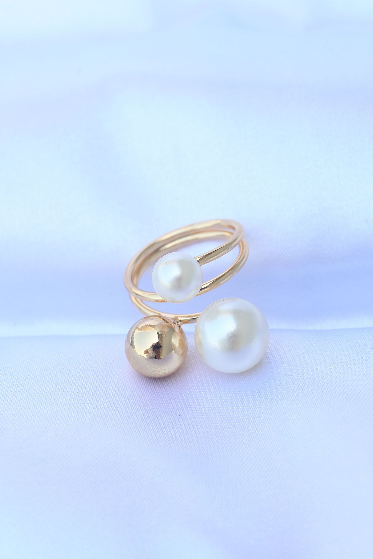 nazeninstoğu-Brass Gold Color Adjustable Pearl Jewelled Ring 2