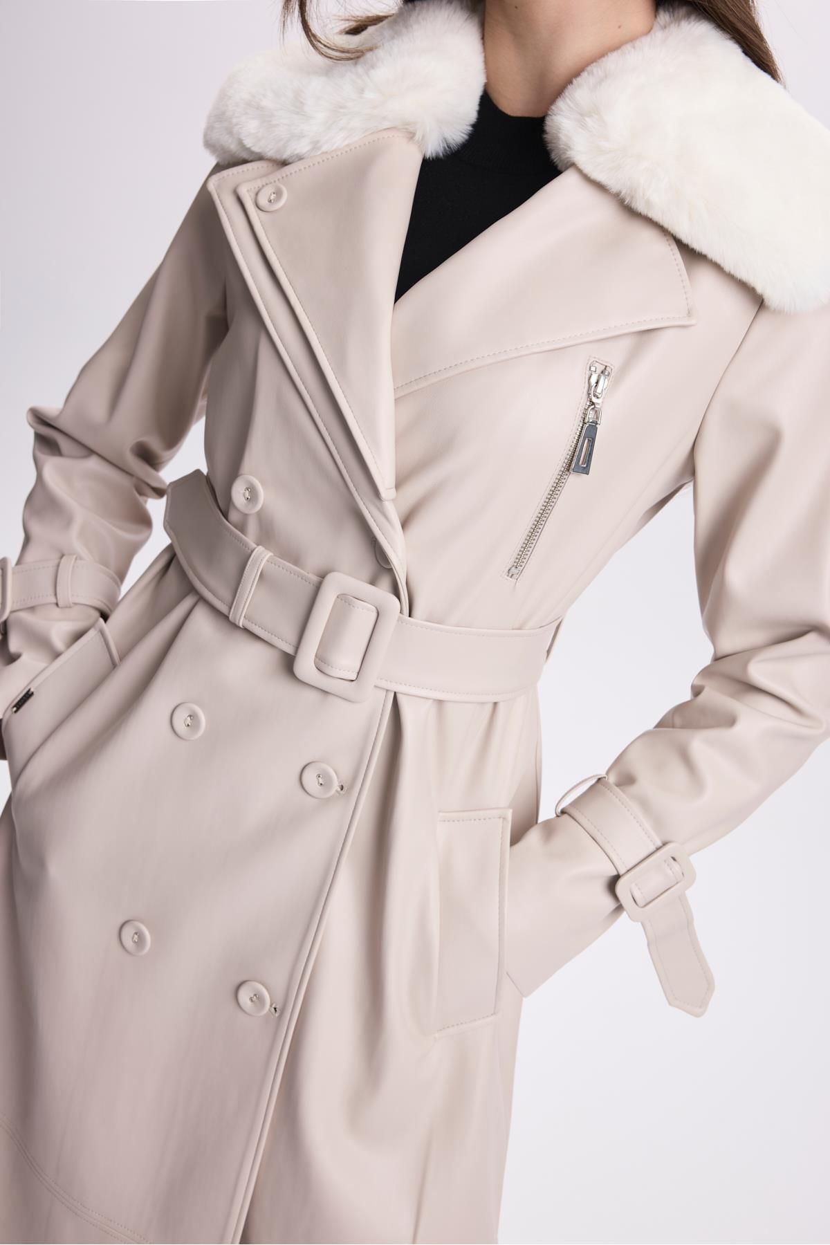 Zühre-Leather Stone Trench Coat - Fur Collar, Zipper Detail, 13527 4