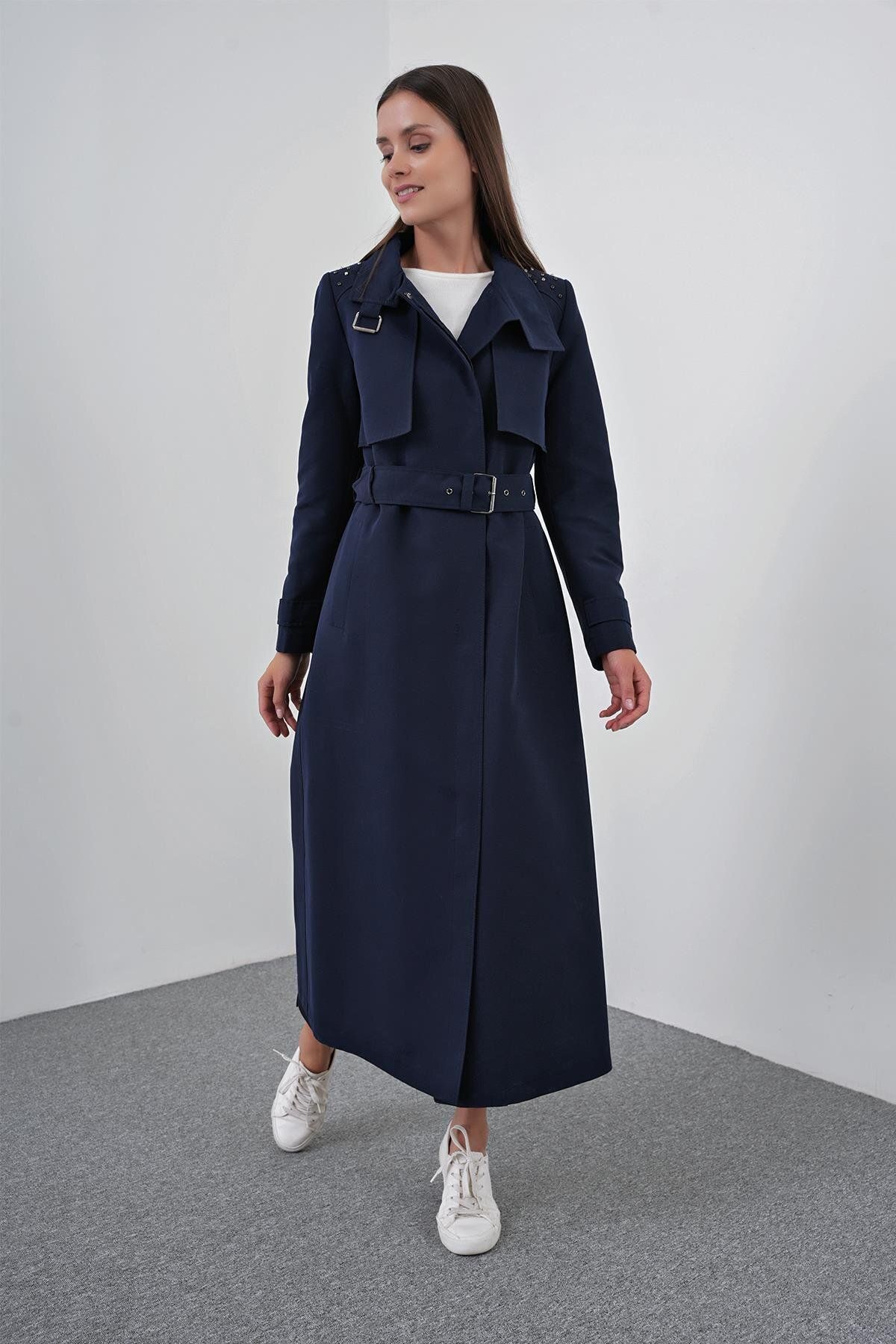 Zühre-Navy Blue Belted Trench Coat - Collar and Shoulder Detail 13542 4