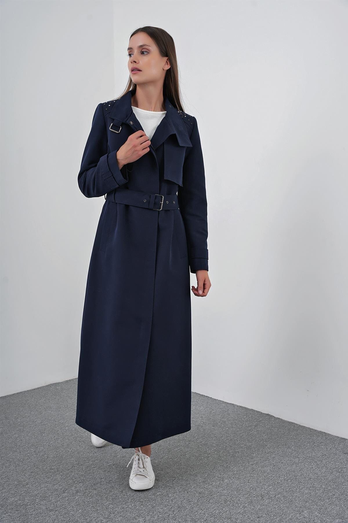 Zühre-Navy Blue Belted Trench Coat - Collar and Shoulder Detail 13542 5