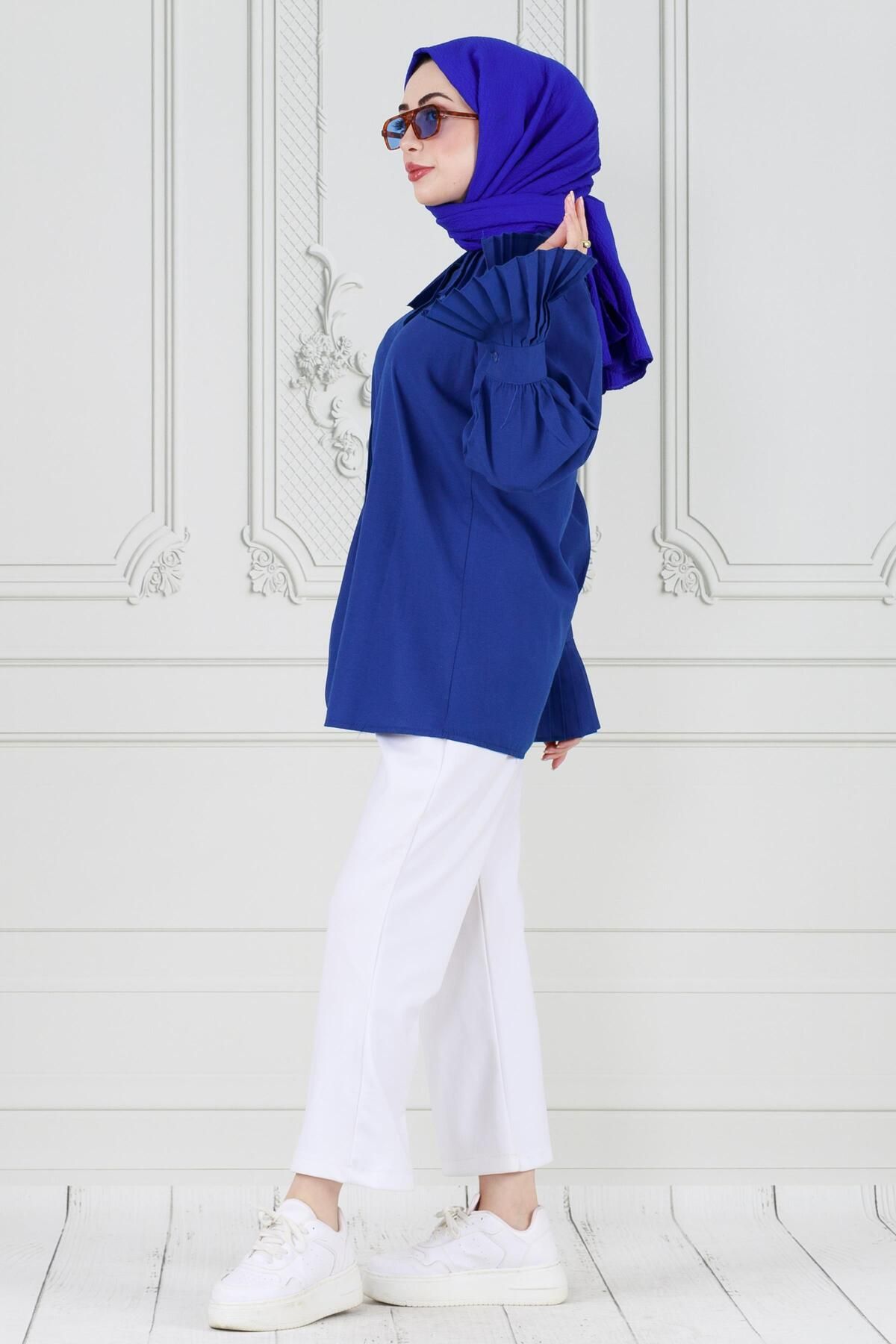 تونیک پوشیده آبی زنانه حجاب بازوی گل رز FIRST TUNIC MAVI Sevitli