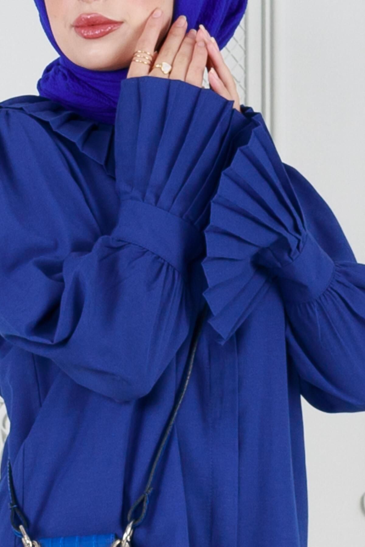تونیک پوشیده آبی زنانه حجاب بازوی گل رز FIRST TUNIC MAVI Sevitli
