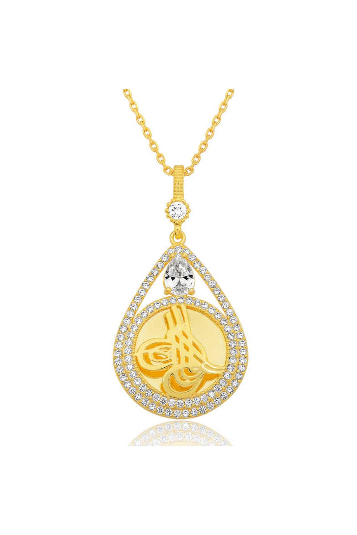 SANSERA 925 Ayar Gümüş Gold Kaplama Damla Tuğralı Kadın Kolye