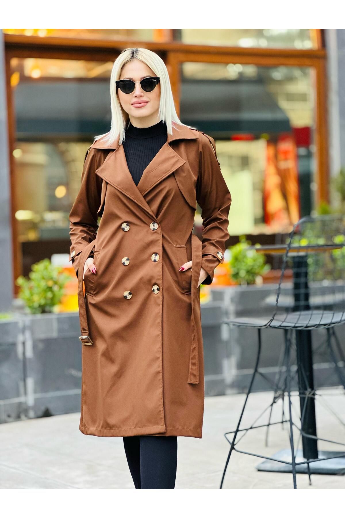 QUBERZ-Tan Colored Sleeve Belt and Epaulet Trench Coat 2