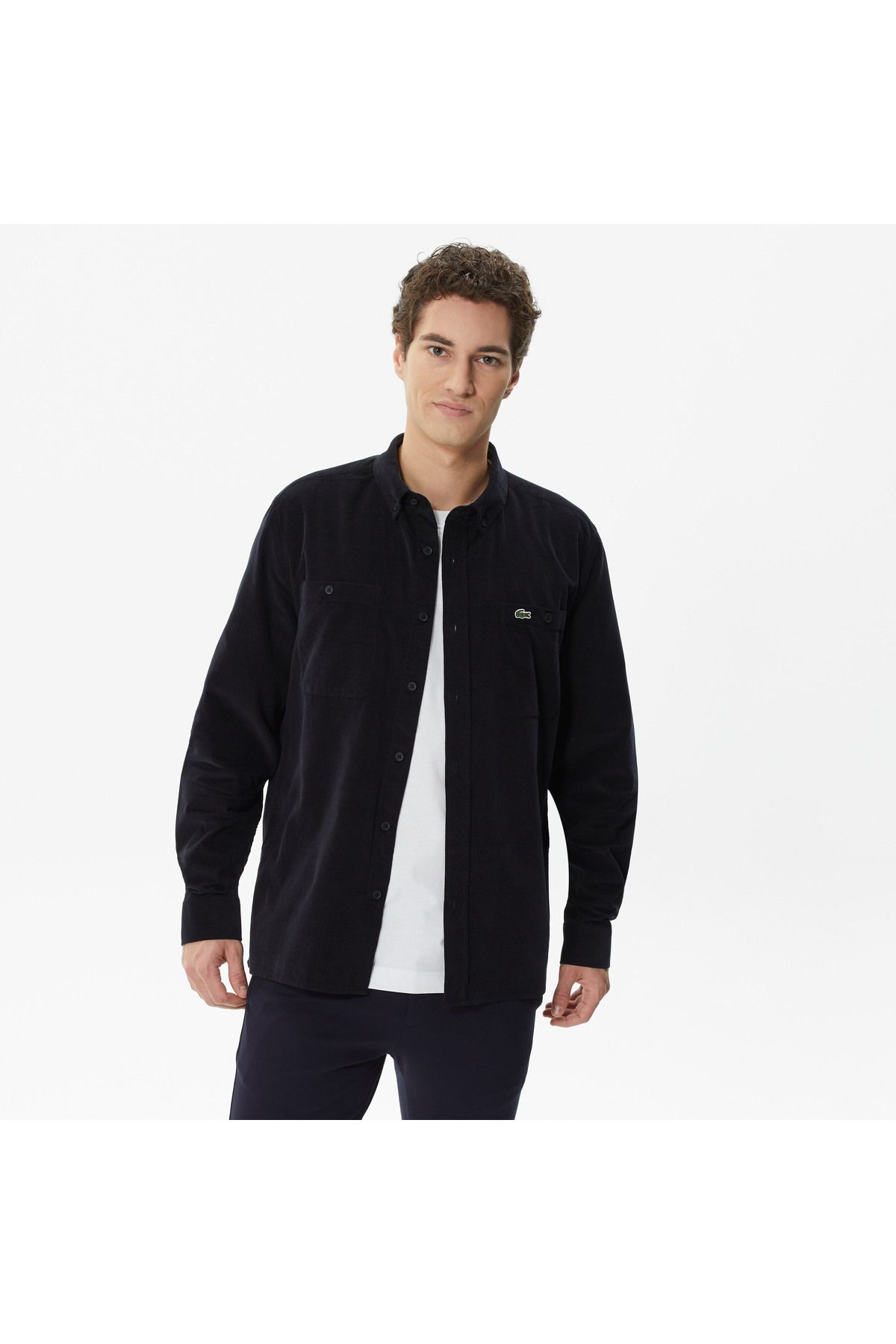 پیراهن / بلوز دکمه دار آبی مردانه رنگ یقه معمولی Lacoste