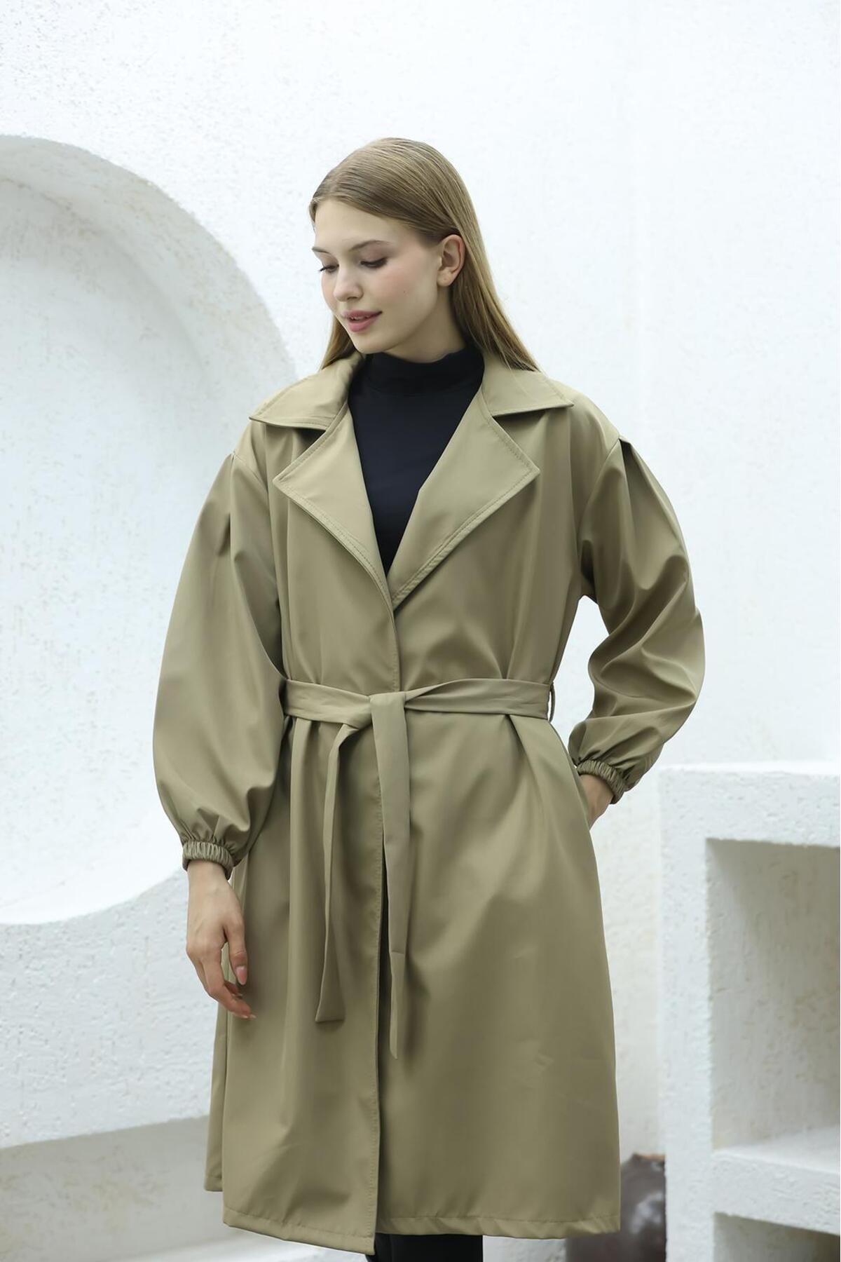 QUBERZ-Balloon Sleeve Belted Trench Coat Mink 4